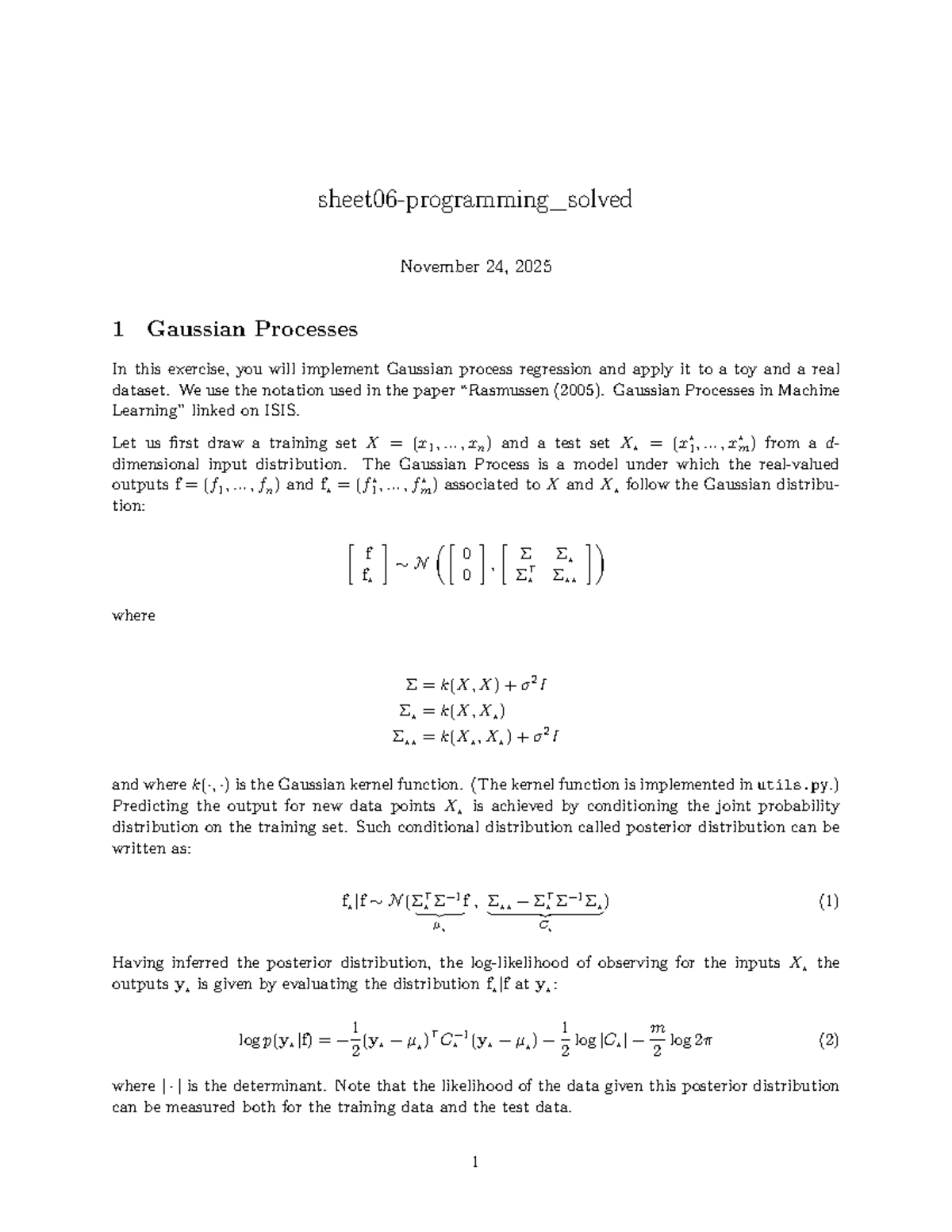 Gaussian Processes Implementation and Analysis for ML1 - Studocu