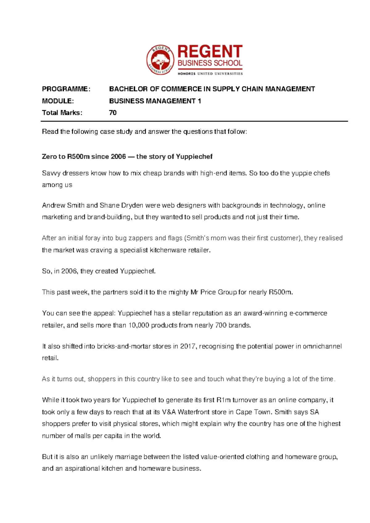 BComSCM Business Management 1 S2 Case Study: Yuppiechef's Growth ...