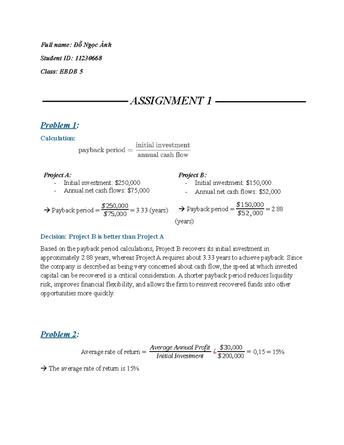 EBDB 5 - Assignment 1: Investment Analysis & NPV Calculations - Studocu