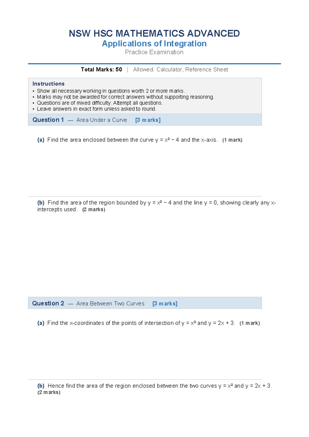 NSW HSC MATHEMATICS ADVANCED Integration Practice Exam Questions - Studocu