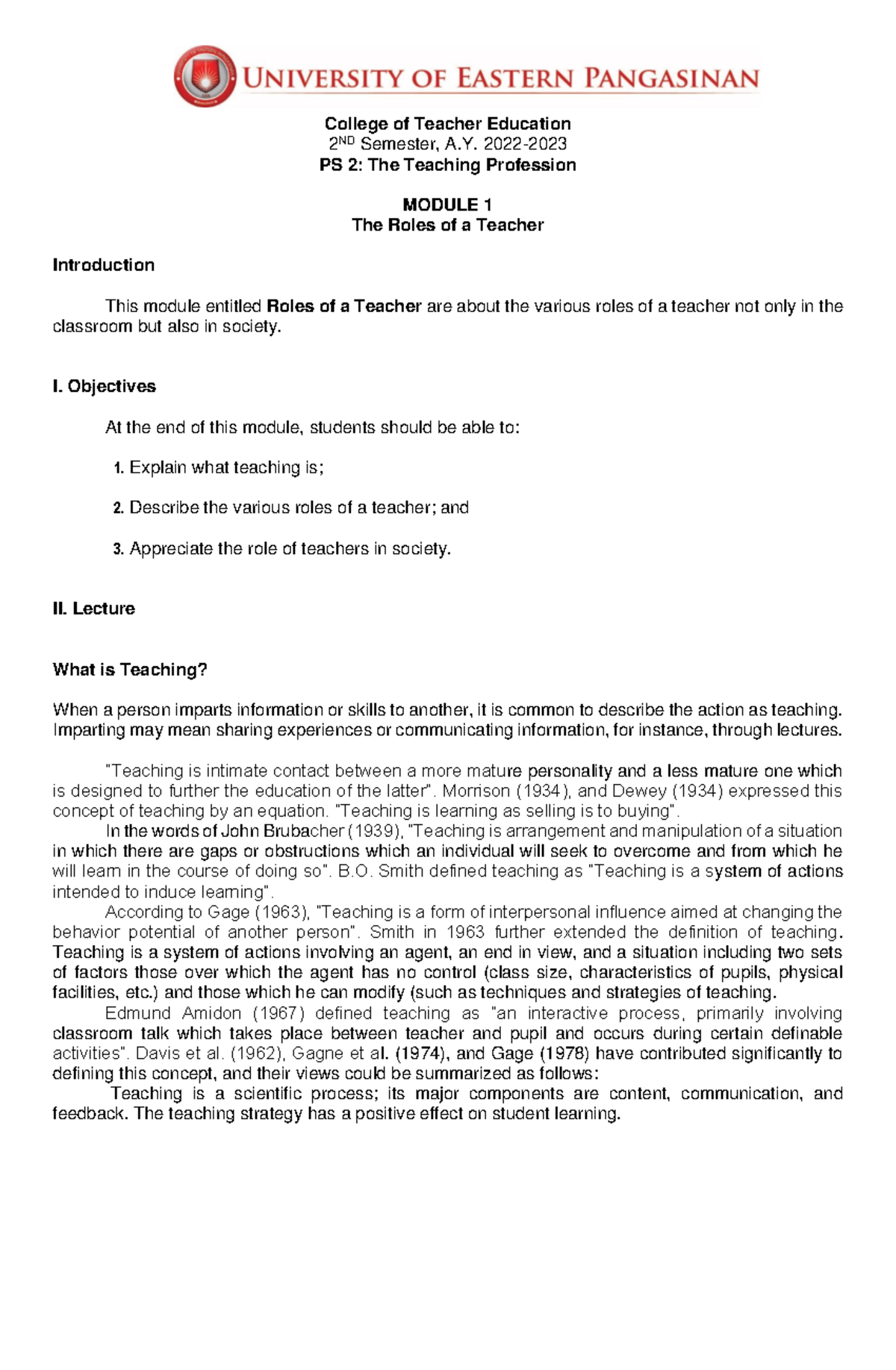 PS 2 Module 1 Prelim - Understanding the Multifaceted Roles of Teachers ...