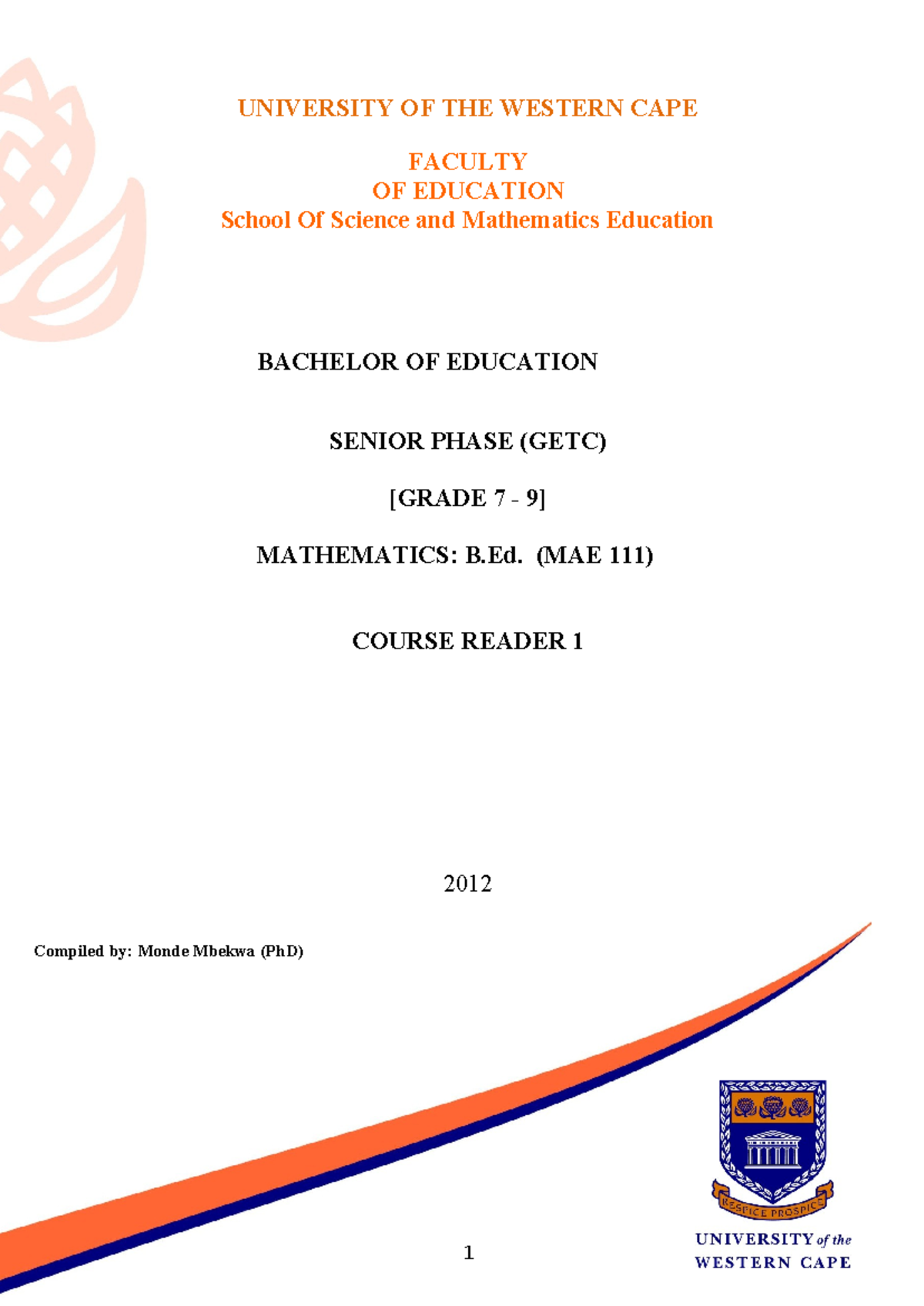 Course Reader MAE 111: Mathematics Content for Senior Phase Teachers ...