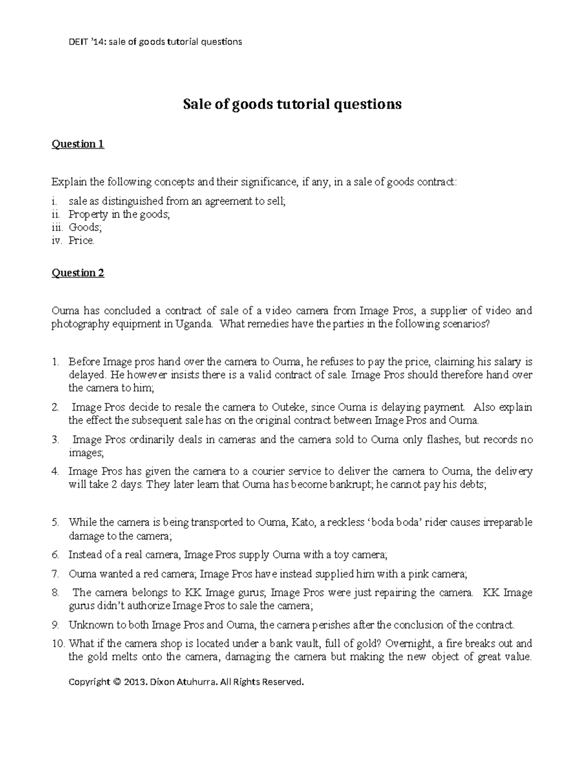 DEIT '14: Sale of Goods Law Tutorial Questions and Insights - Studocu