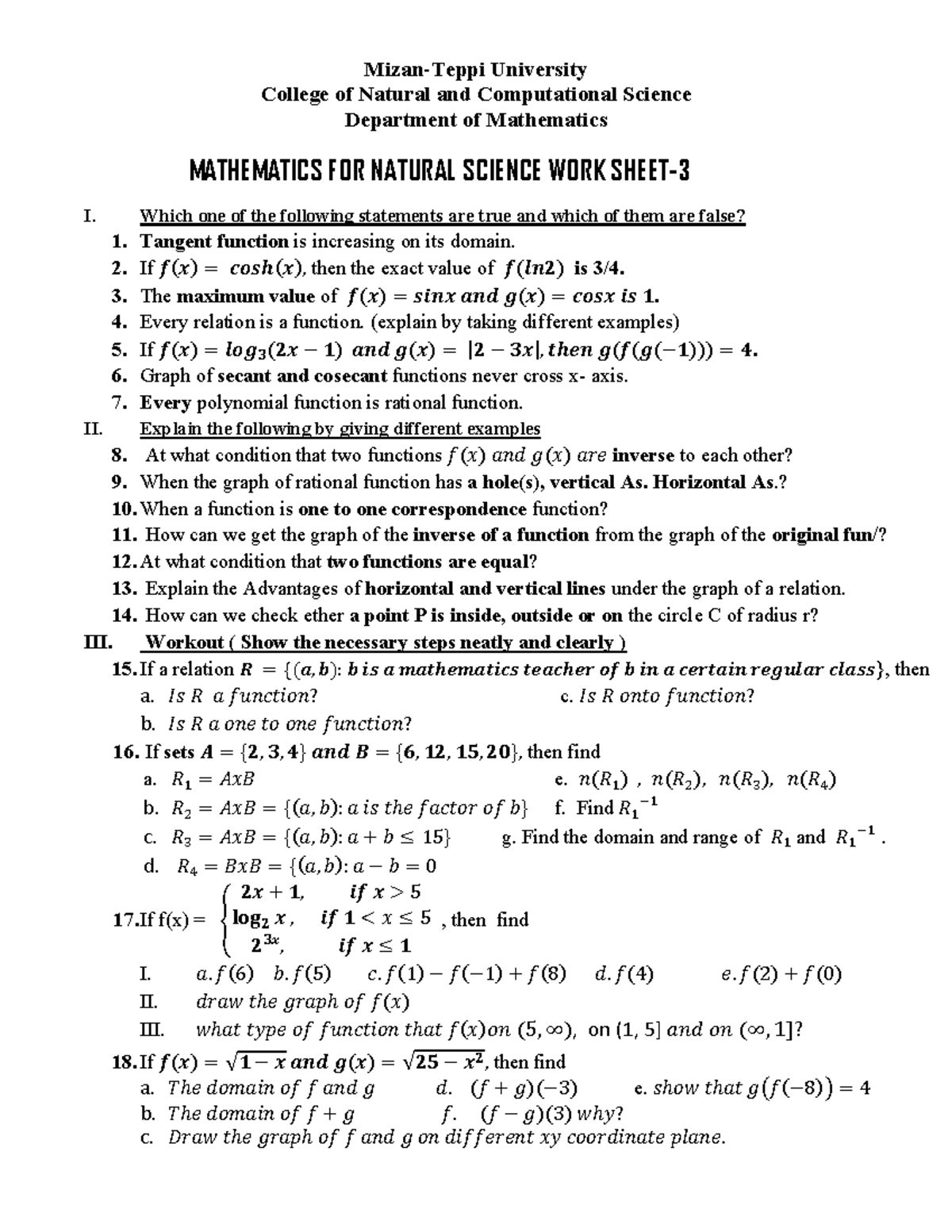 Worksheet 3: Mathematics for Natural Science (MATH 101) - Studocu