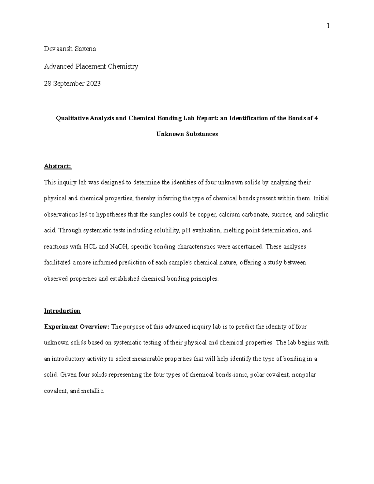 AP Chemistry Lab Report: Qualitative Analysis of Chemical Bonds in 4 ...