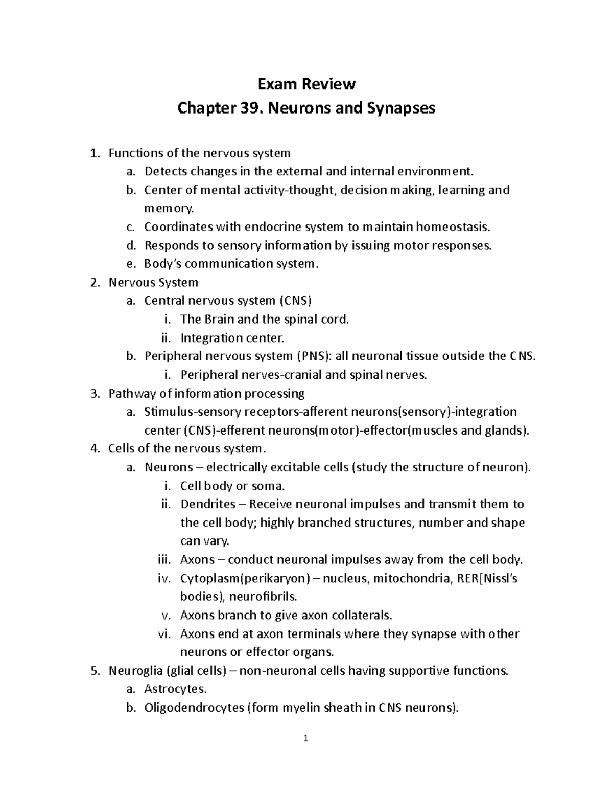 Chapter 39 Exam Review: Neurons and Synapses Overview - Studocu