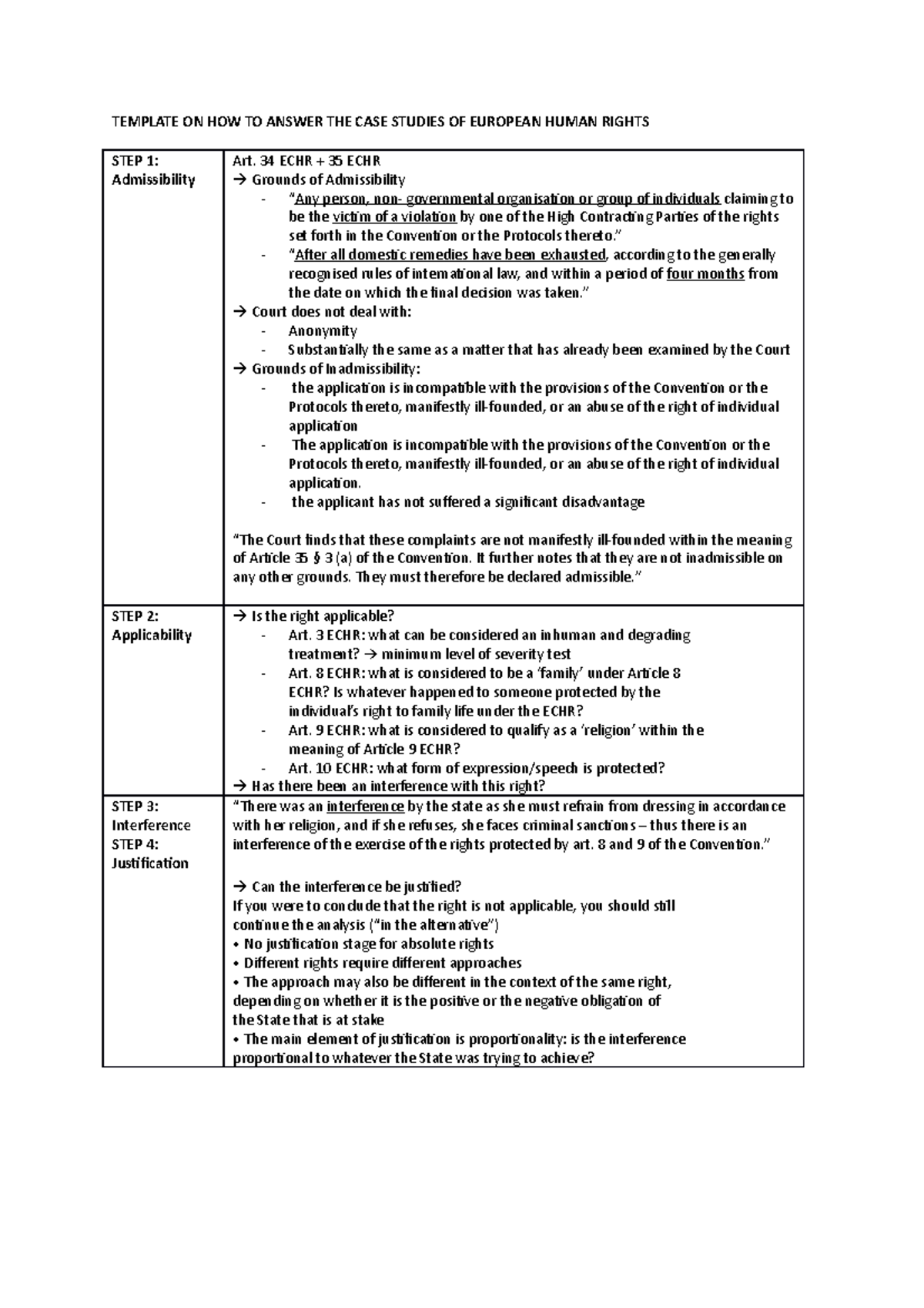Template for Answering European Human Rights Case Studies - Studeersnel