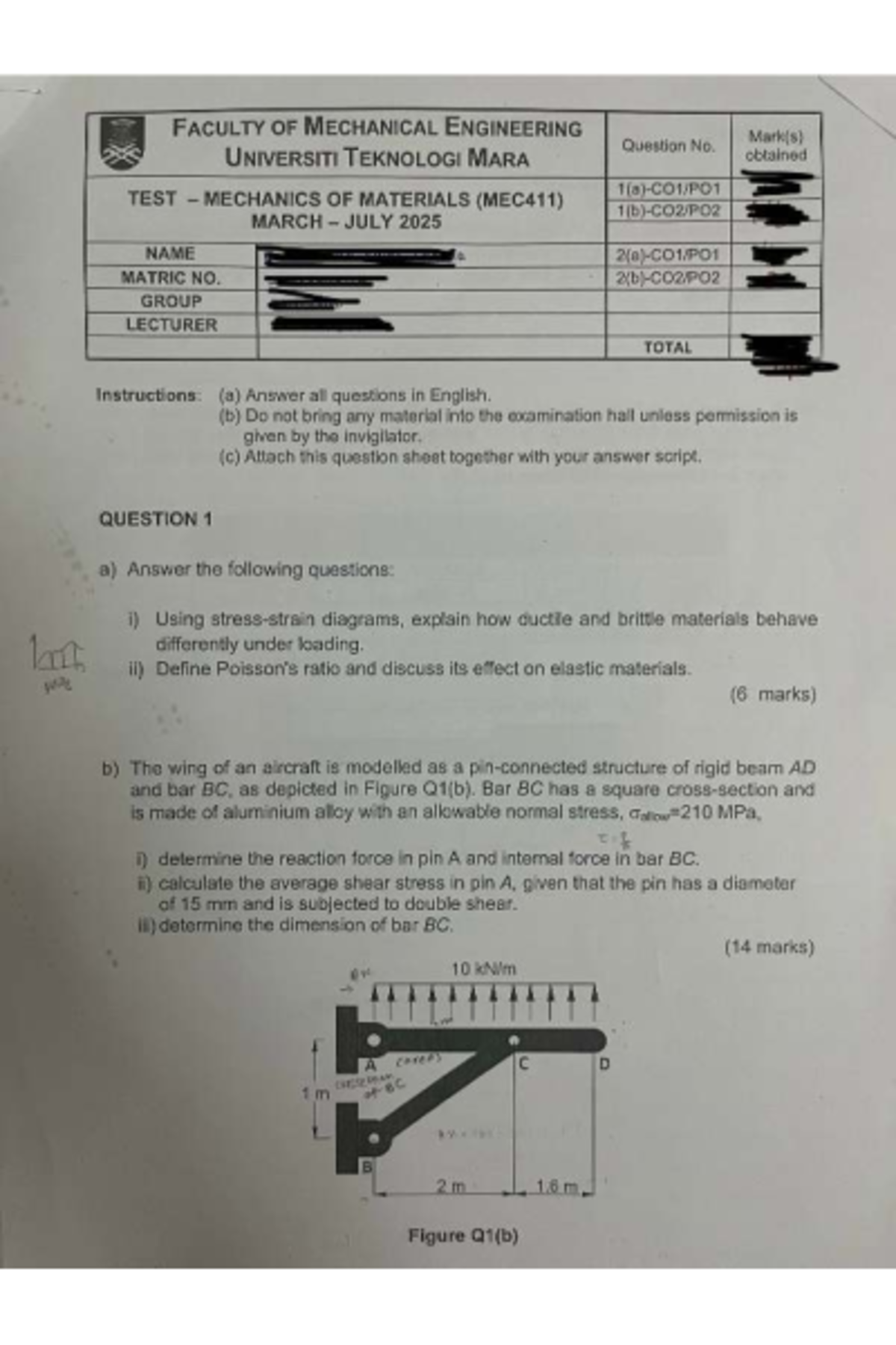 MEC411 Test: Mechanics of Materials Exam Questions (March-July 2025 ...