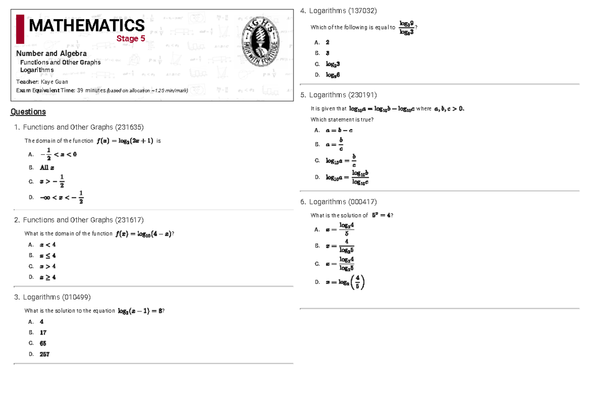 Log Revision Practice Questions (137032) - MATHEMATICS - Studocu