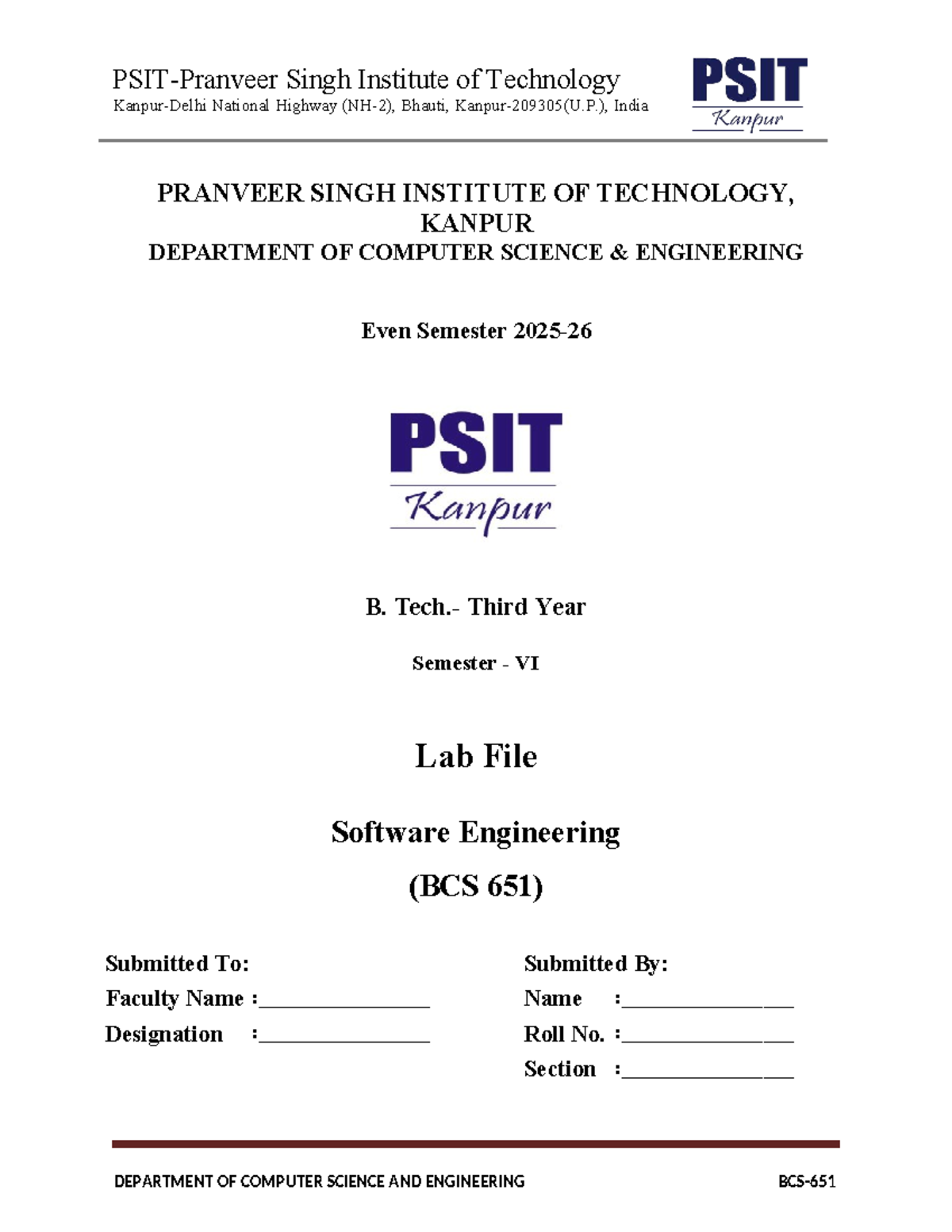 Lab File for Software Engineering (BCS 651) - Semester VI - Studocu