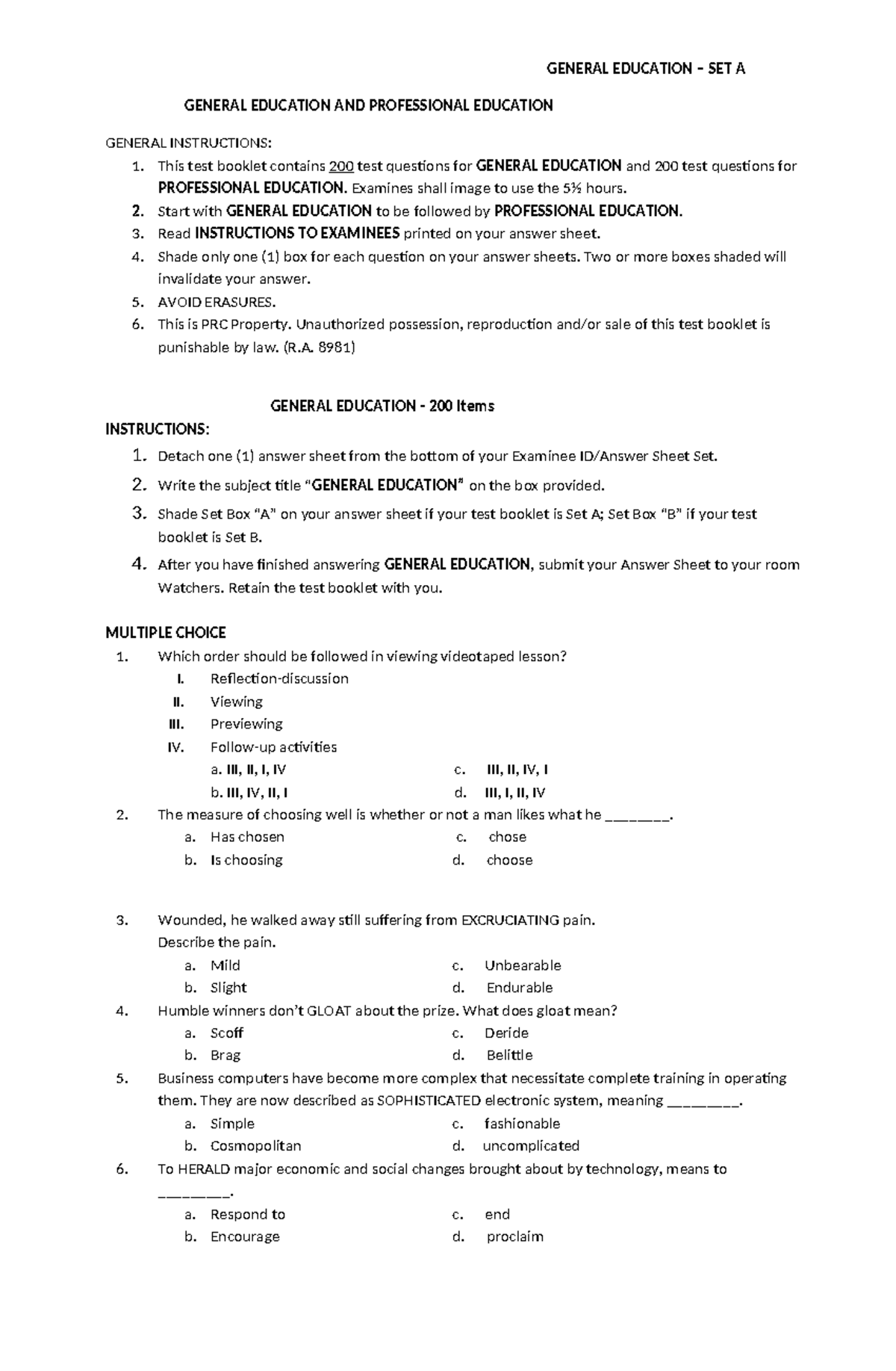 156060742-General-Education 1 - GENERAL EDUCATION – SET A GENERAL ...