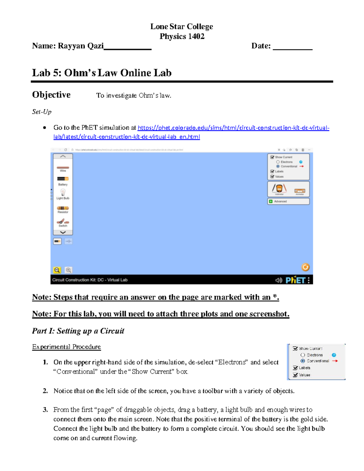 Lone Star College PHYS 1402 Lab 5: Ohm's Law Online Lab Report