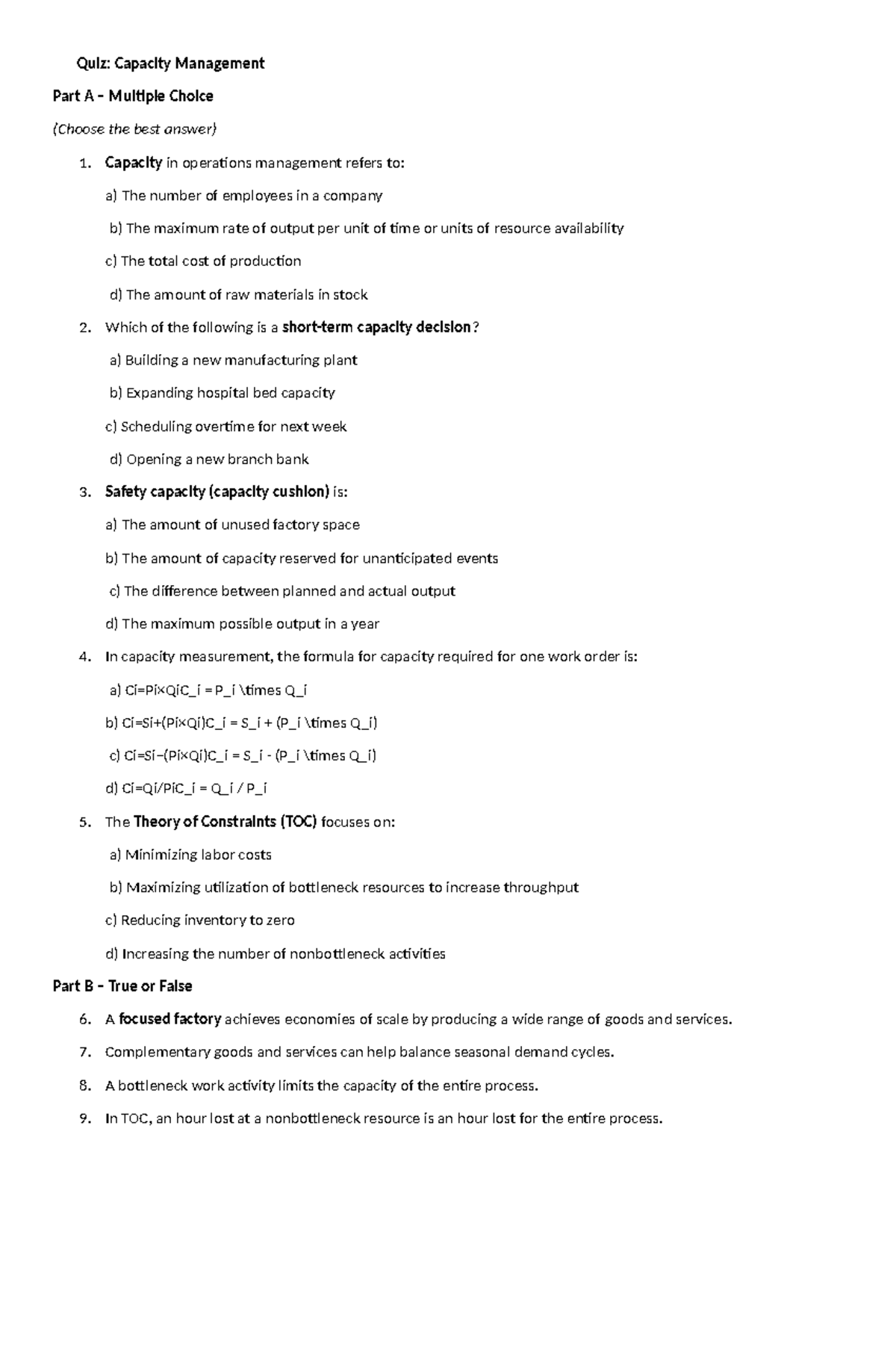 Quiz: Capacity Management (Part A & B) MCQs and Short Answers - Studocu