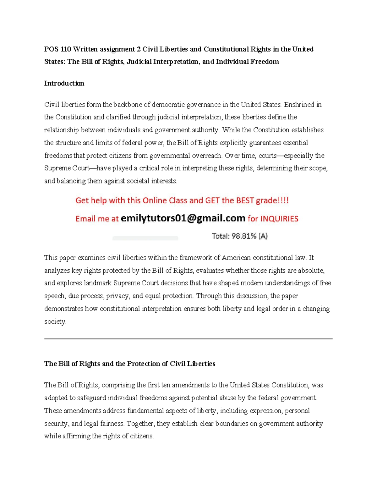 POS 110 Written Assignment 2: Civil Liberties & Constitutional Rights ...