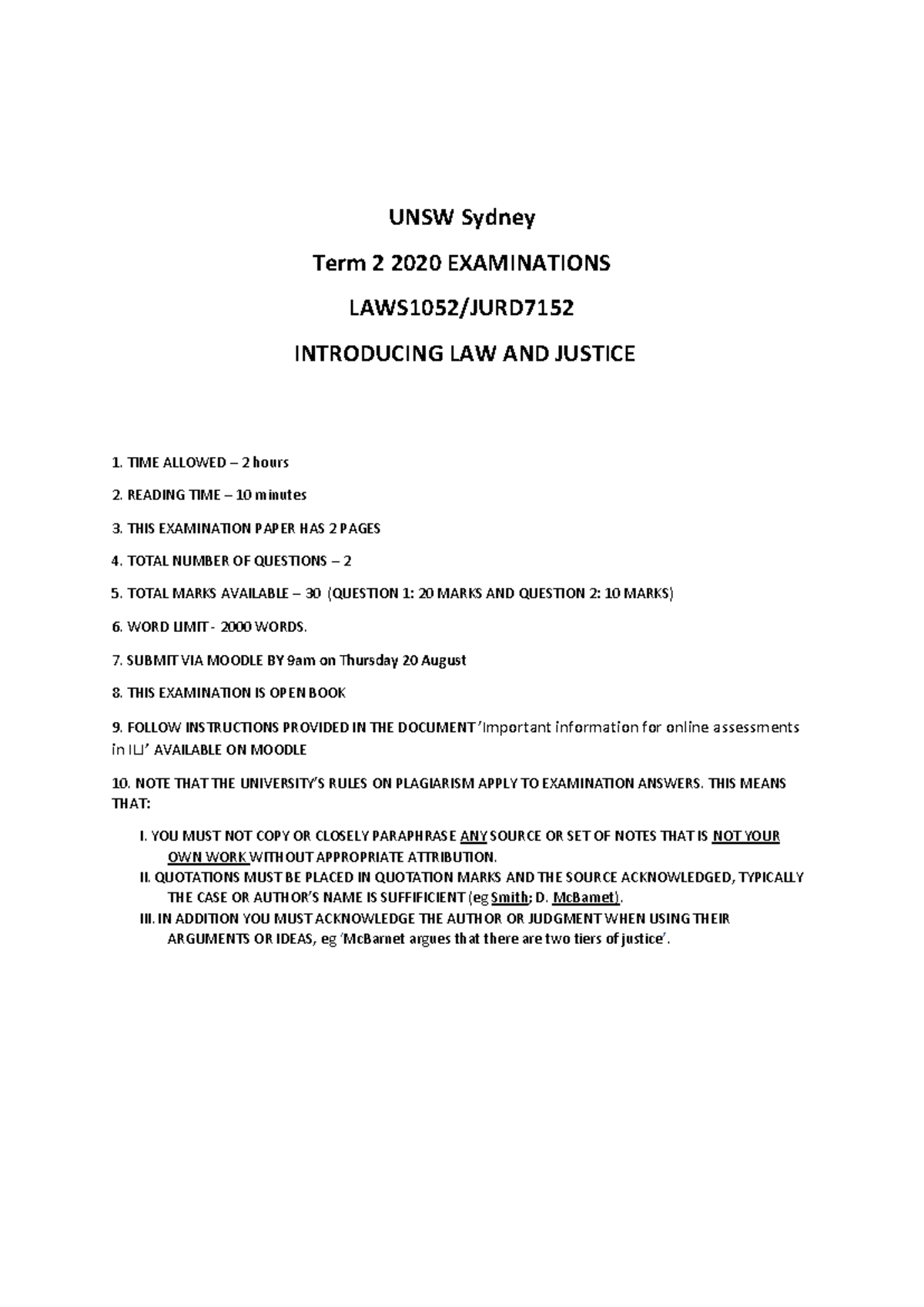 LAWS1052 Term 2 2020 Exam Paper: Introducing Law and Justice - Studocu