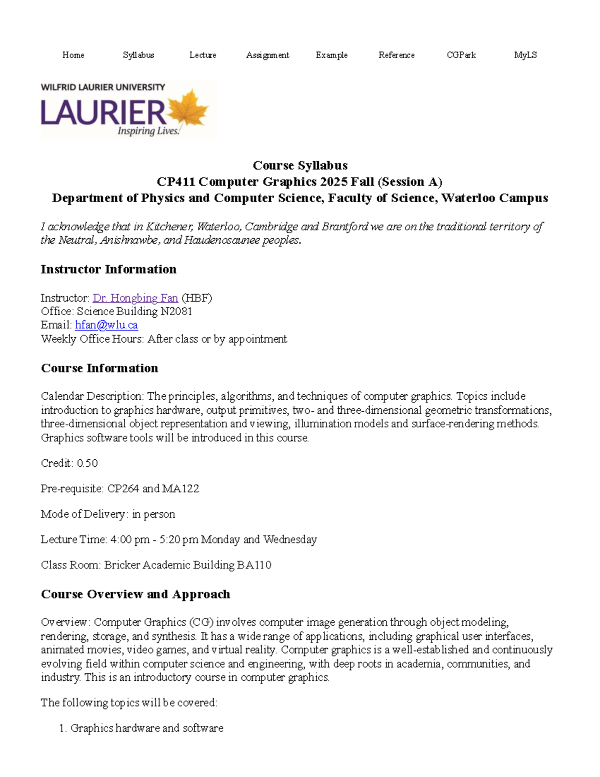 CP411 Computer Graphics Fall 2025 Syllabus and Course Overview - Studocu