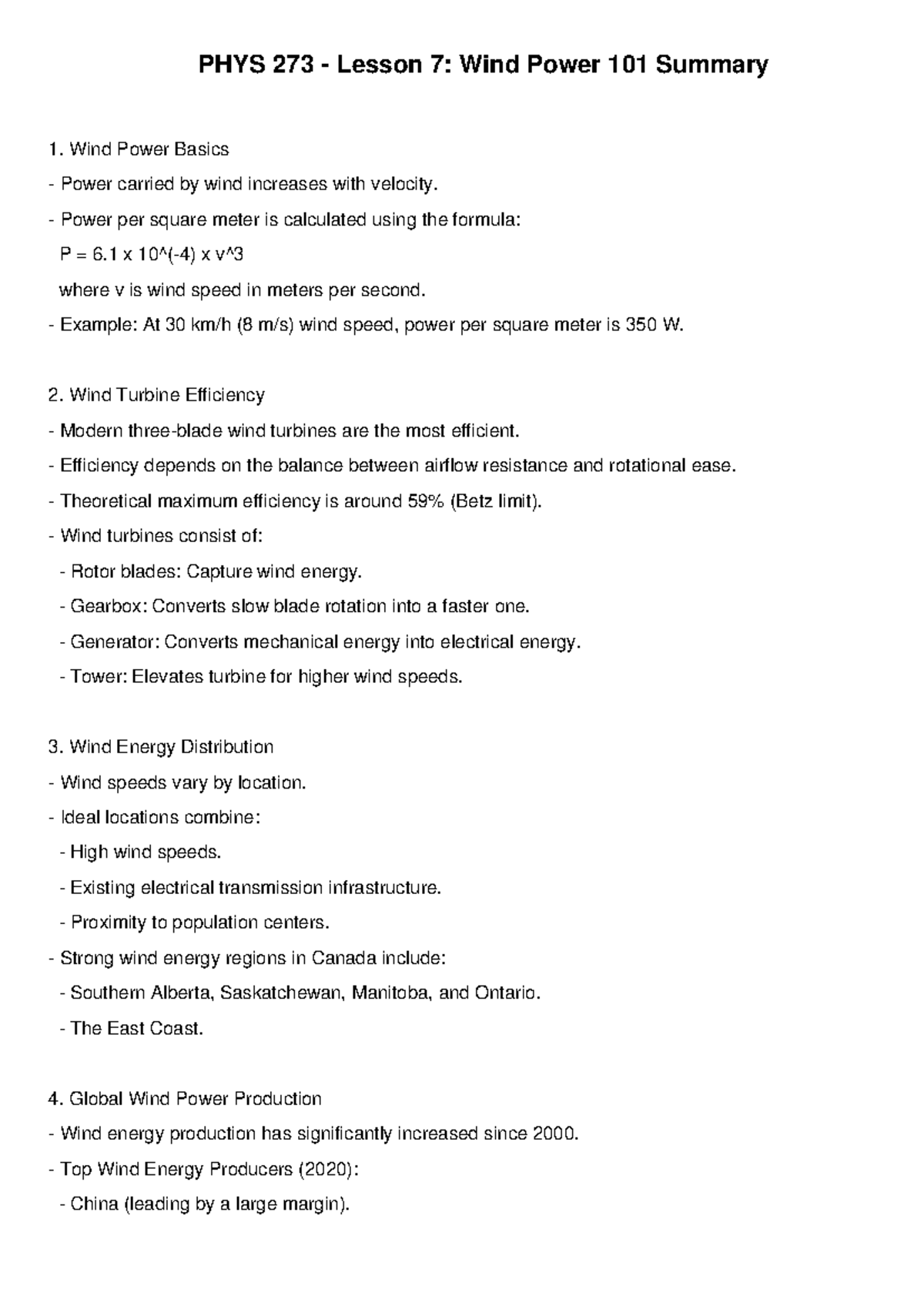 Wind Power Summary - PHYS 273 - Lesson 7: Wind Power 101 Summary Wind ...