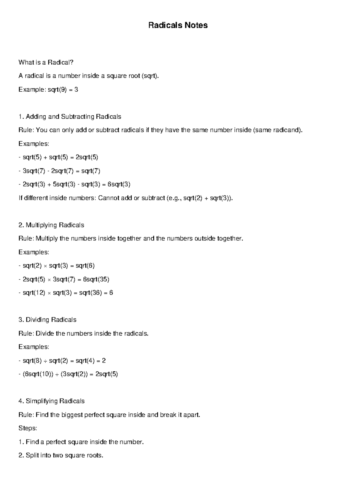 Radicals notes final - helps alot - Radicals Notes What is a Radical? A ...