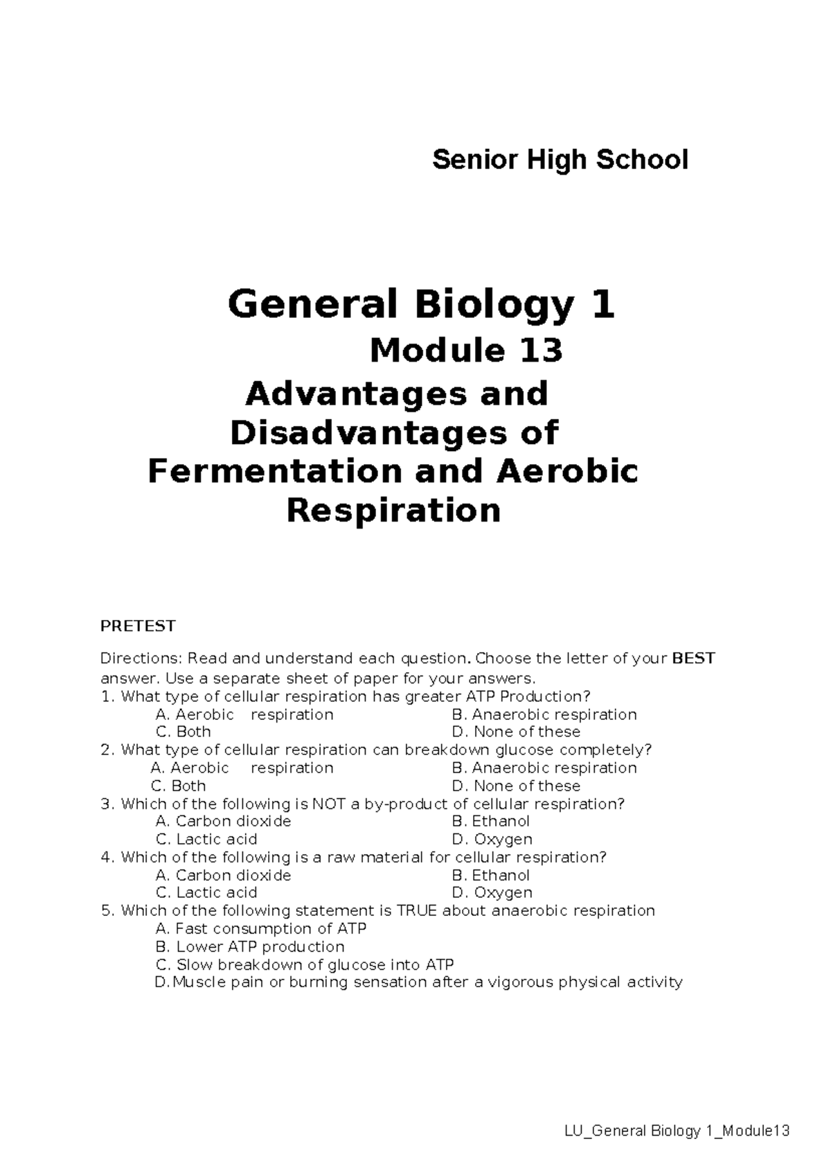 Gen-Bio1 Module-13: Understanding Fermentation & Respiration - Studocu