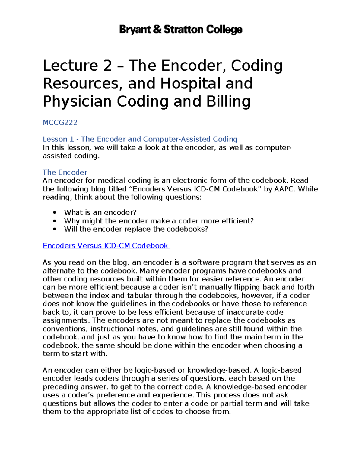 Final Exam Study Guide for BIO101: Encoder, Coding, and Billing ...