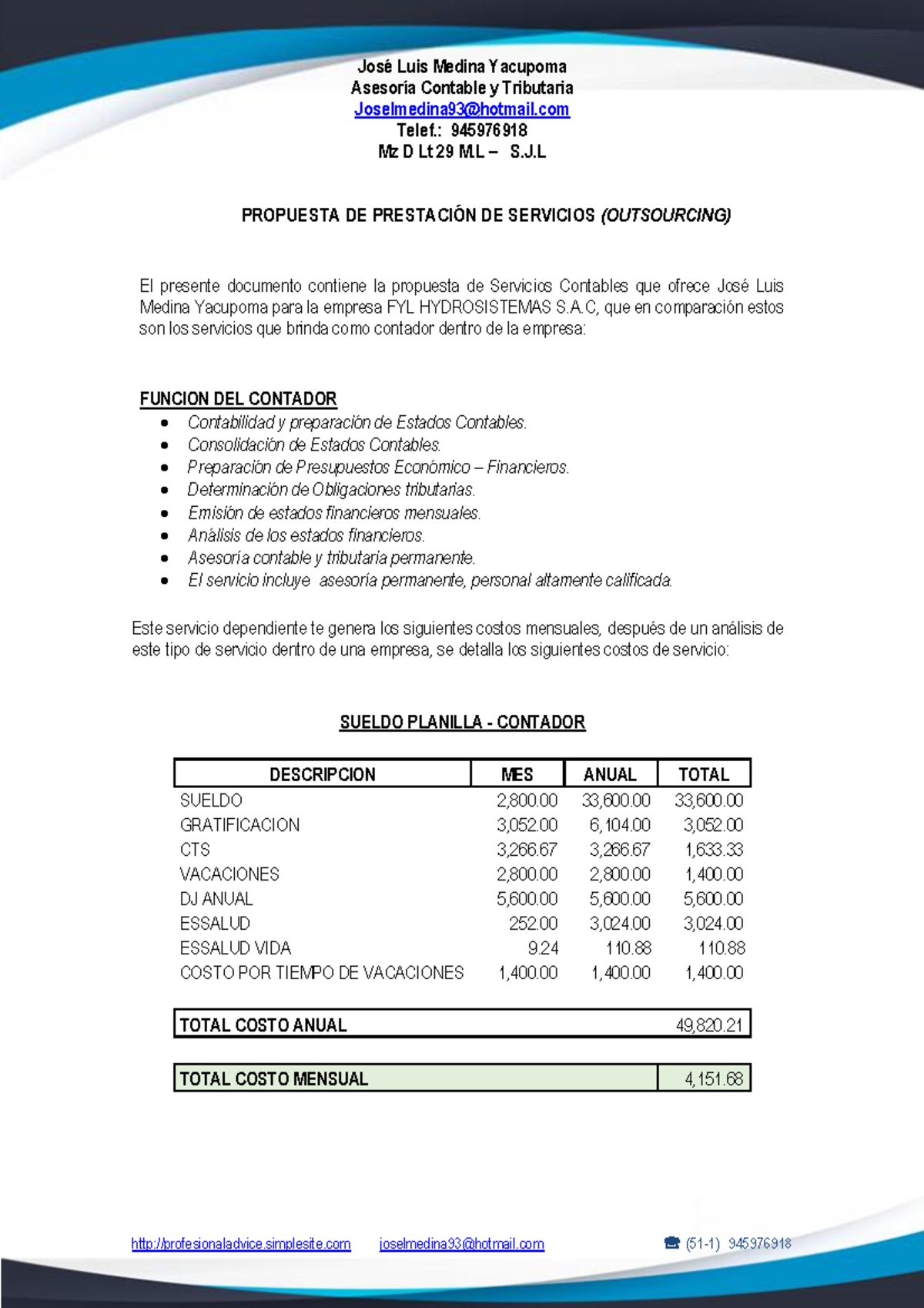 Propuesta de Servicios Contables - Outsourcing y Costo Detallado - Studocu