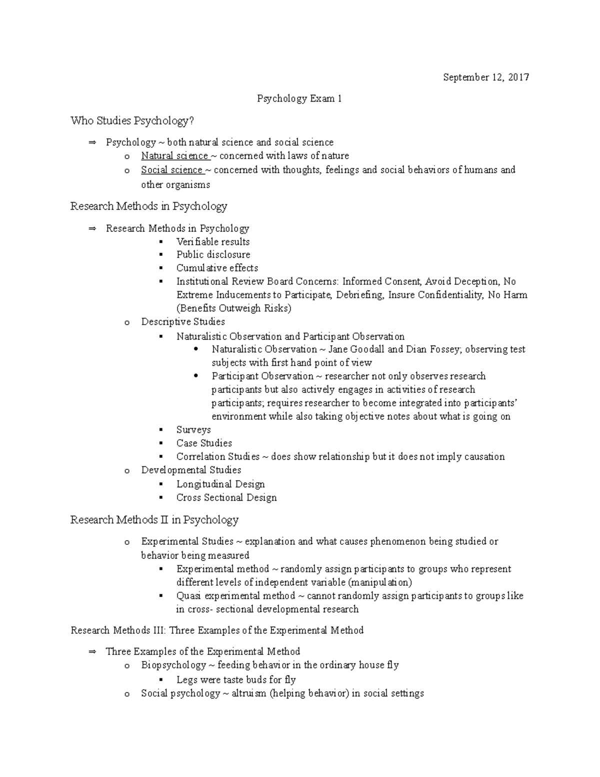 Psychology 101 Exam I Review Notes: Key Concepts and Research Methods ...