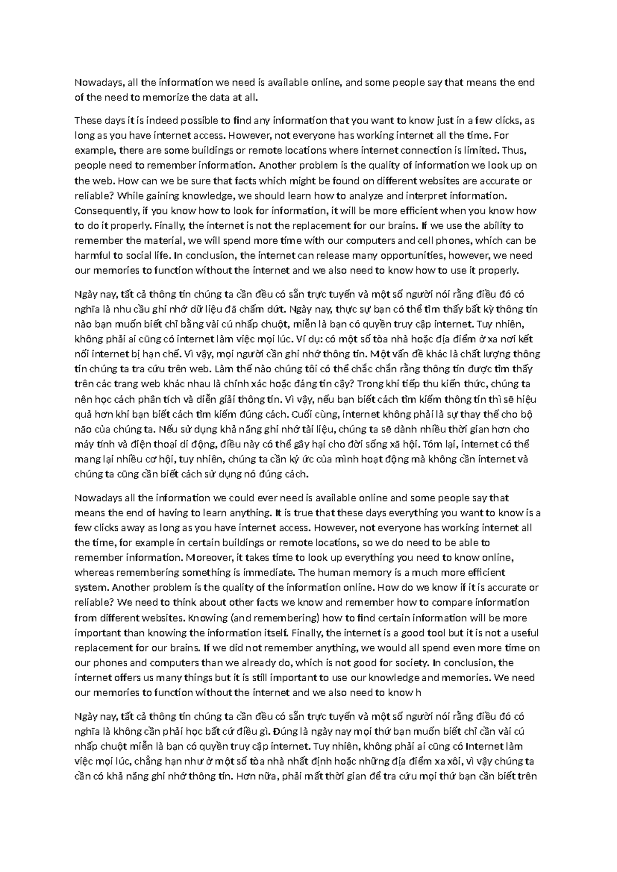 ENG 101: Essay on the Importance of Memory in the Internet Age - Studocu