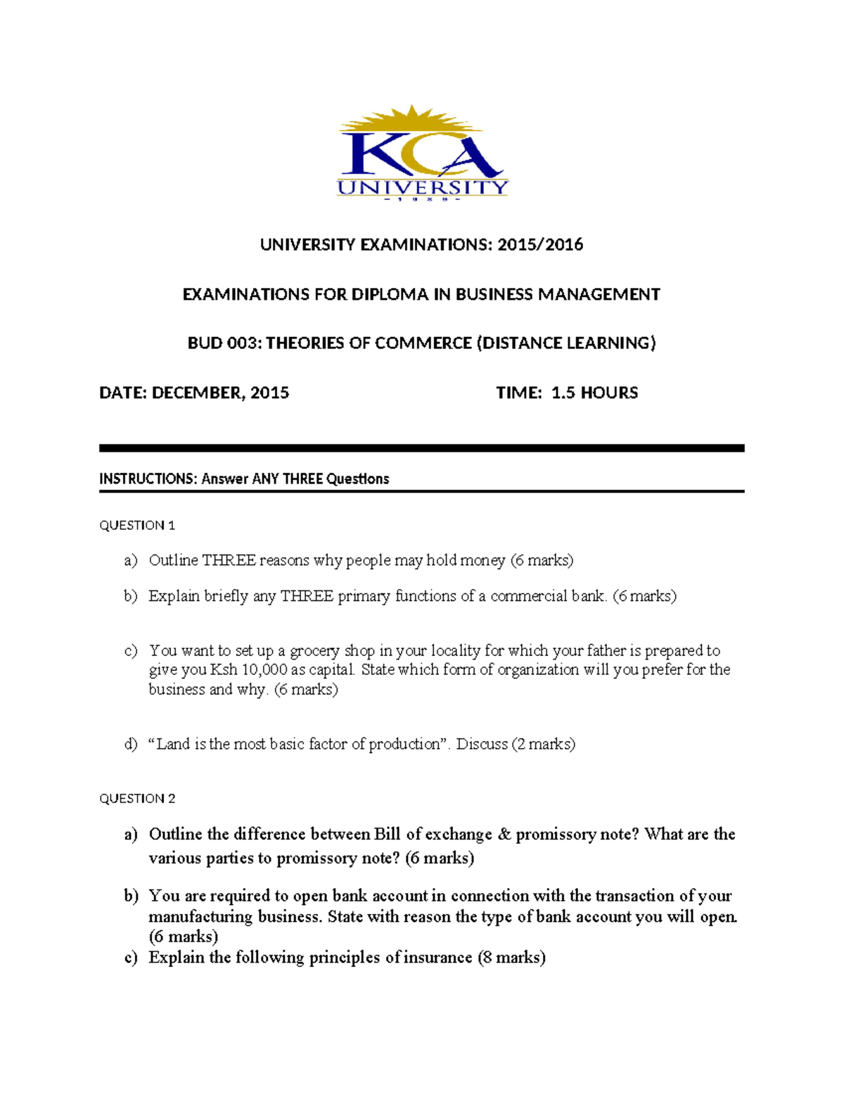 BUD 003 - Theories of Commerce Exam Questions & Answers (Dec 2015 ...