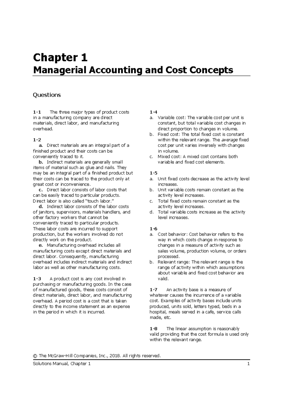 Managerial Accounting (ACCT 101) Chapter 1: Cost Concepts & Analysis ...