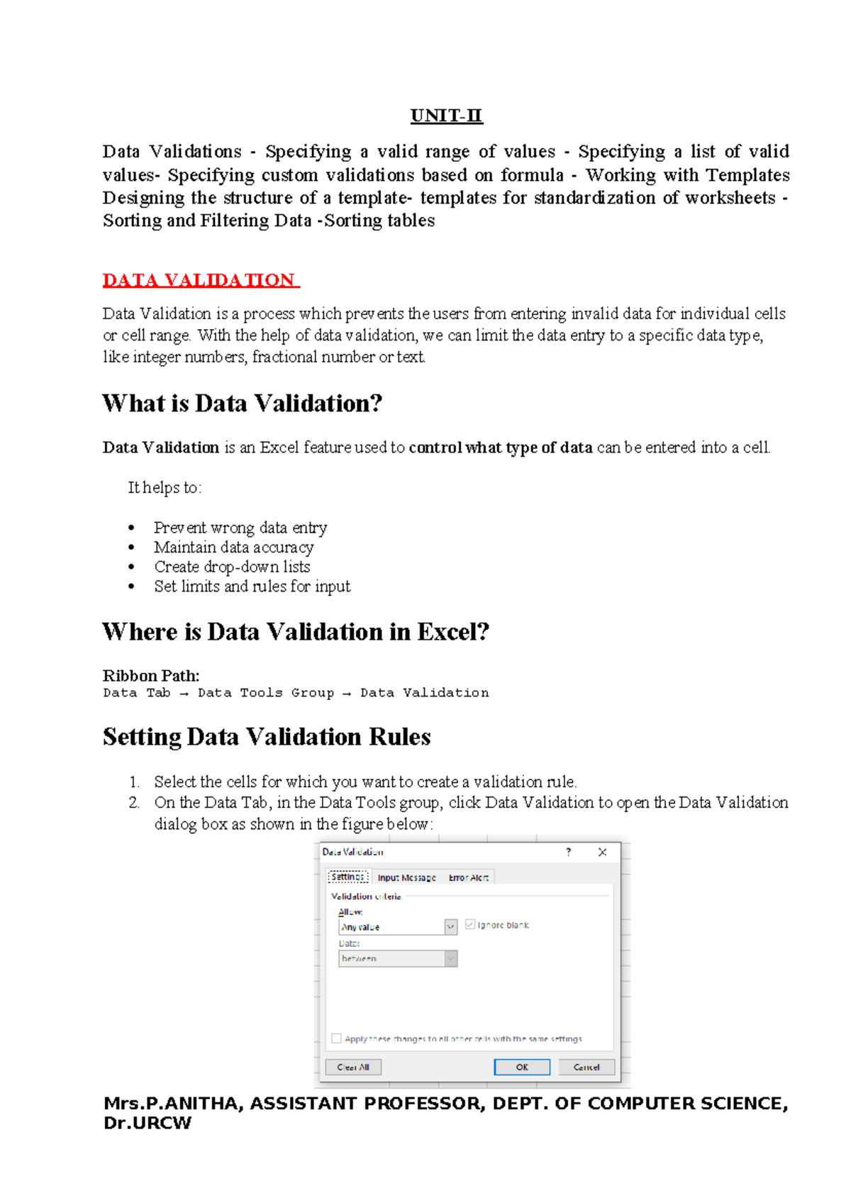 AE UNIT 2 Notes: Data Validation and Template Design in Excel - Studocu