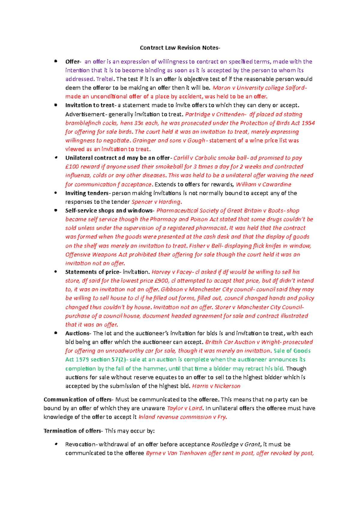 Contract Law Revision Notes - Key Concepts and Cases for Exam - Studocu