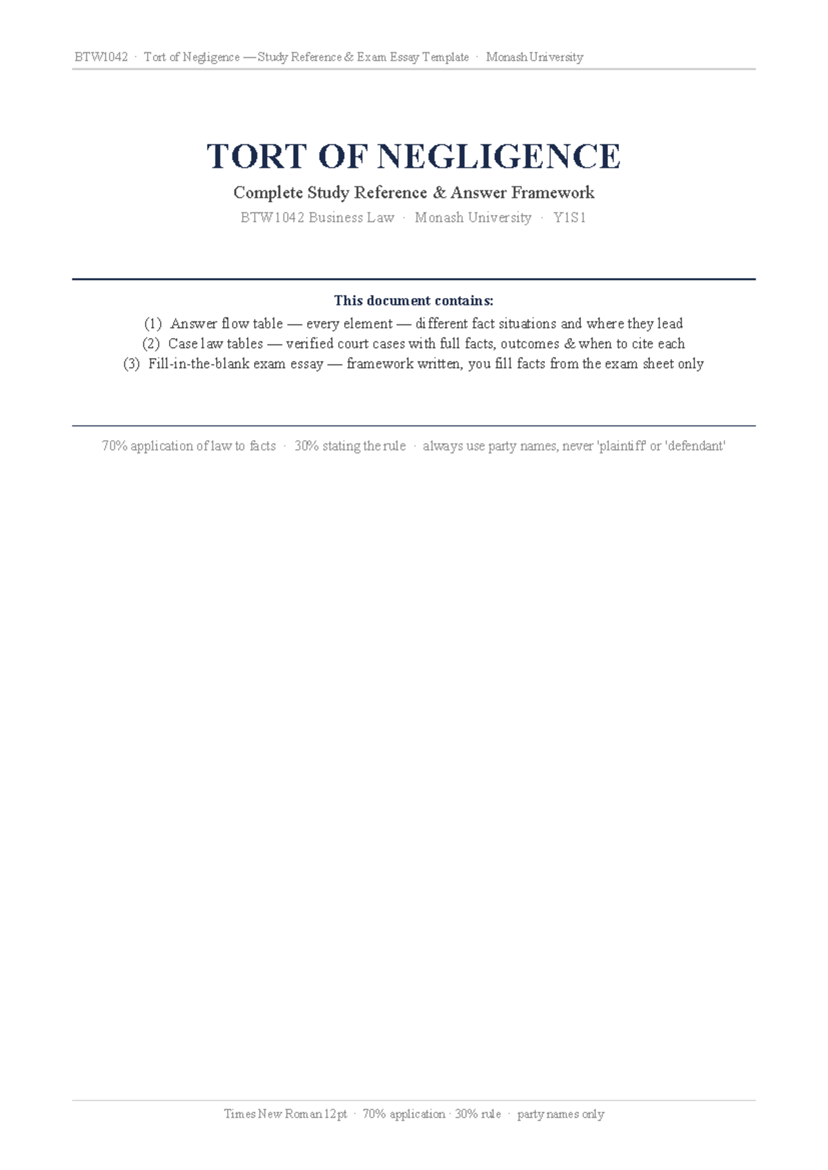 BTW1042 Business Law Mid-Semester Notes: Tort of Negligence Framework ...