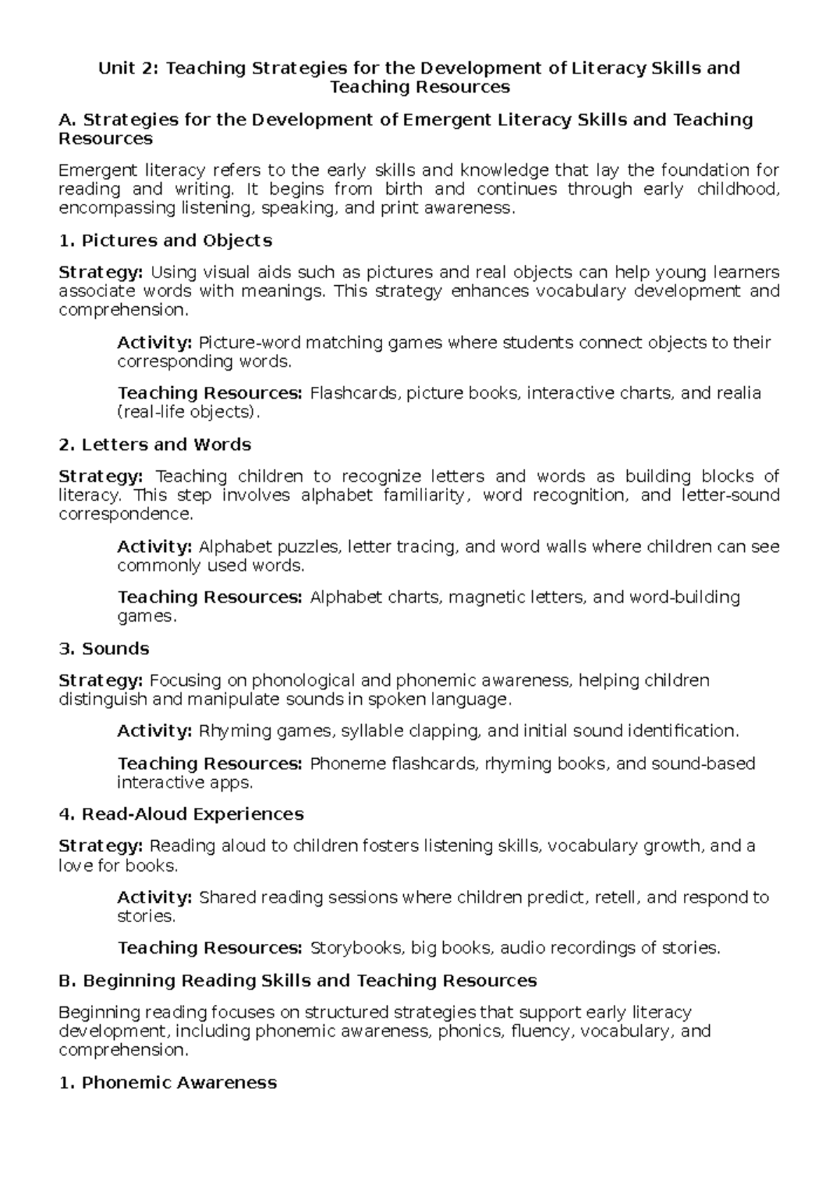 Unit 2: Teaching Strategies for Literacy Development and Resources - Document Preview