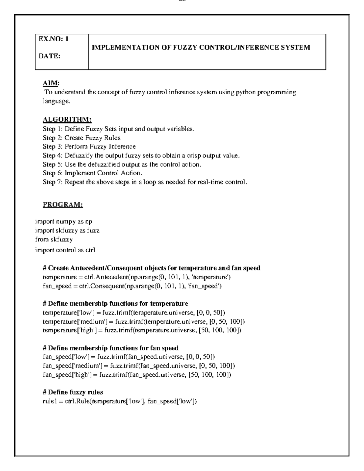 lOMoAR 47590012 EX.NO: 1 Fuzzy Control System Implementation in Python ...