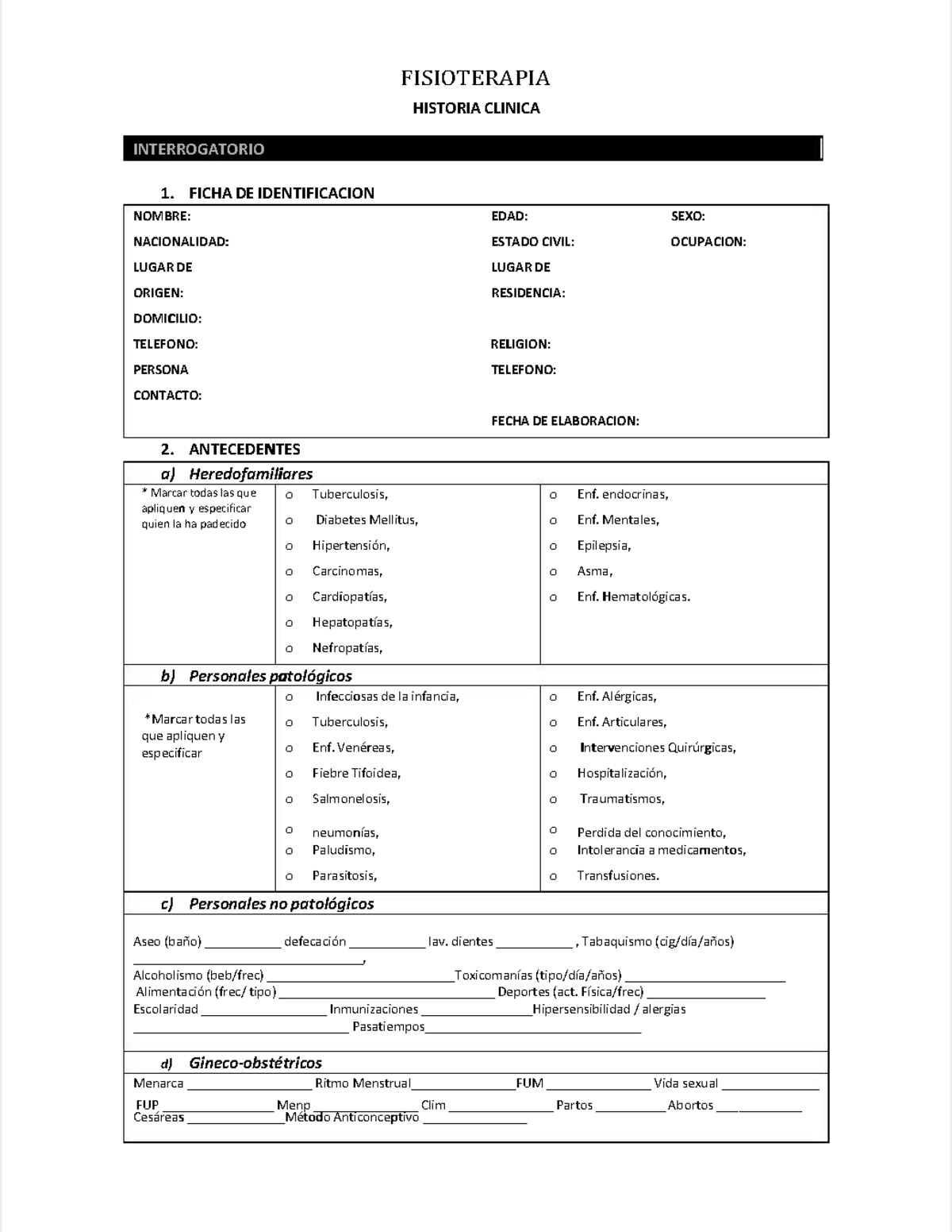 Historia Clínica de Fisioterapia - Formato Completo PDF - Document Preview