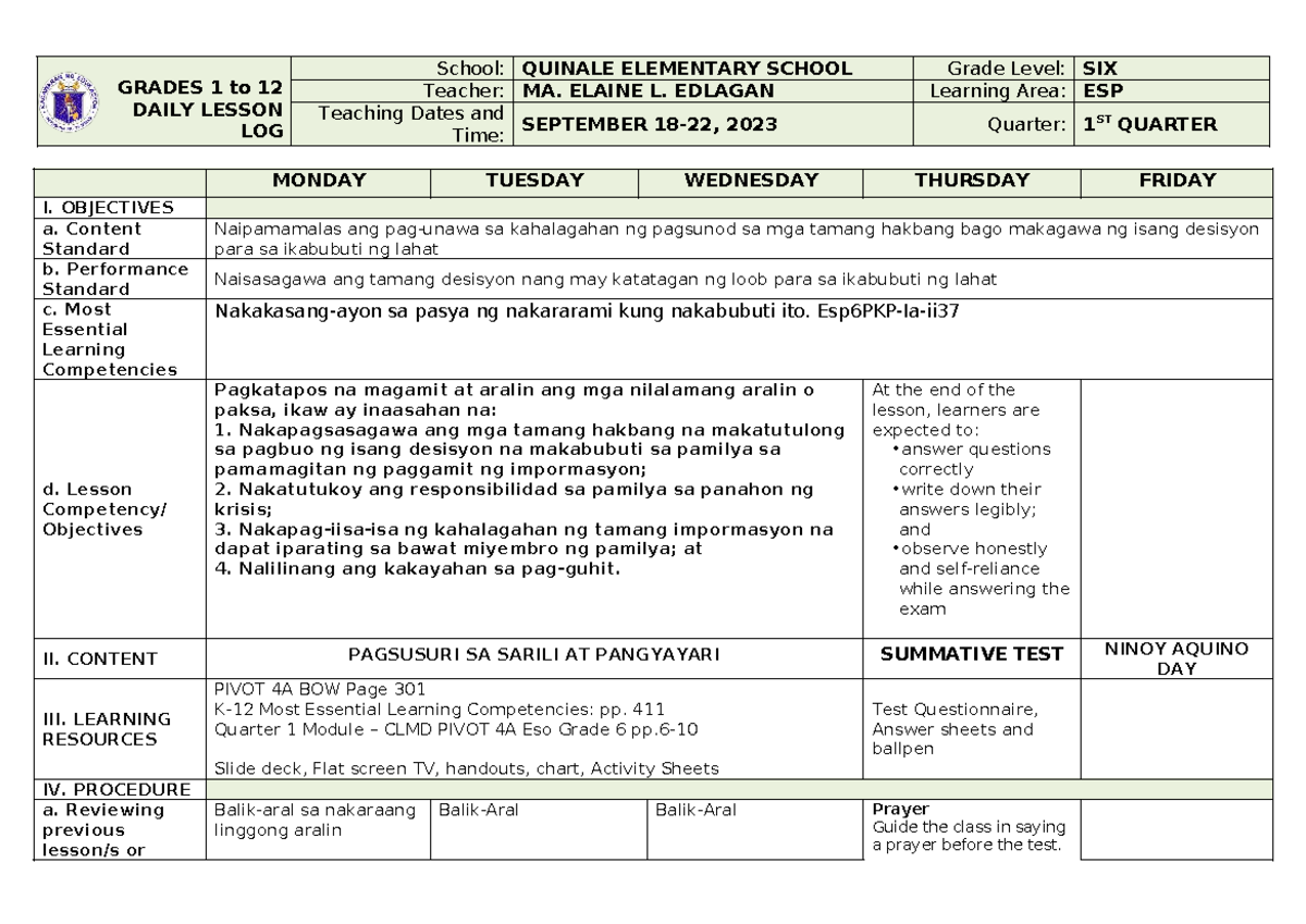 DLL ESP6Q1W4 - Daily Lesson Log for Grade 6 ESP - September 2023 - Studocu