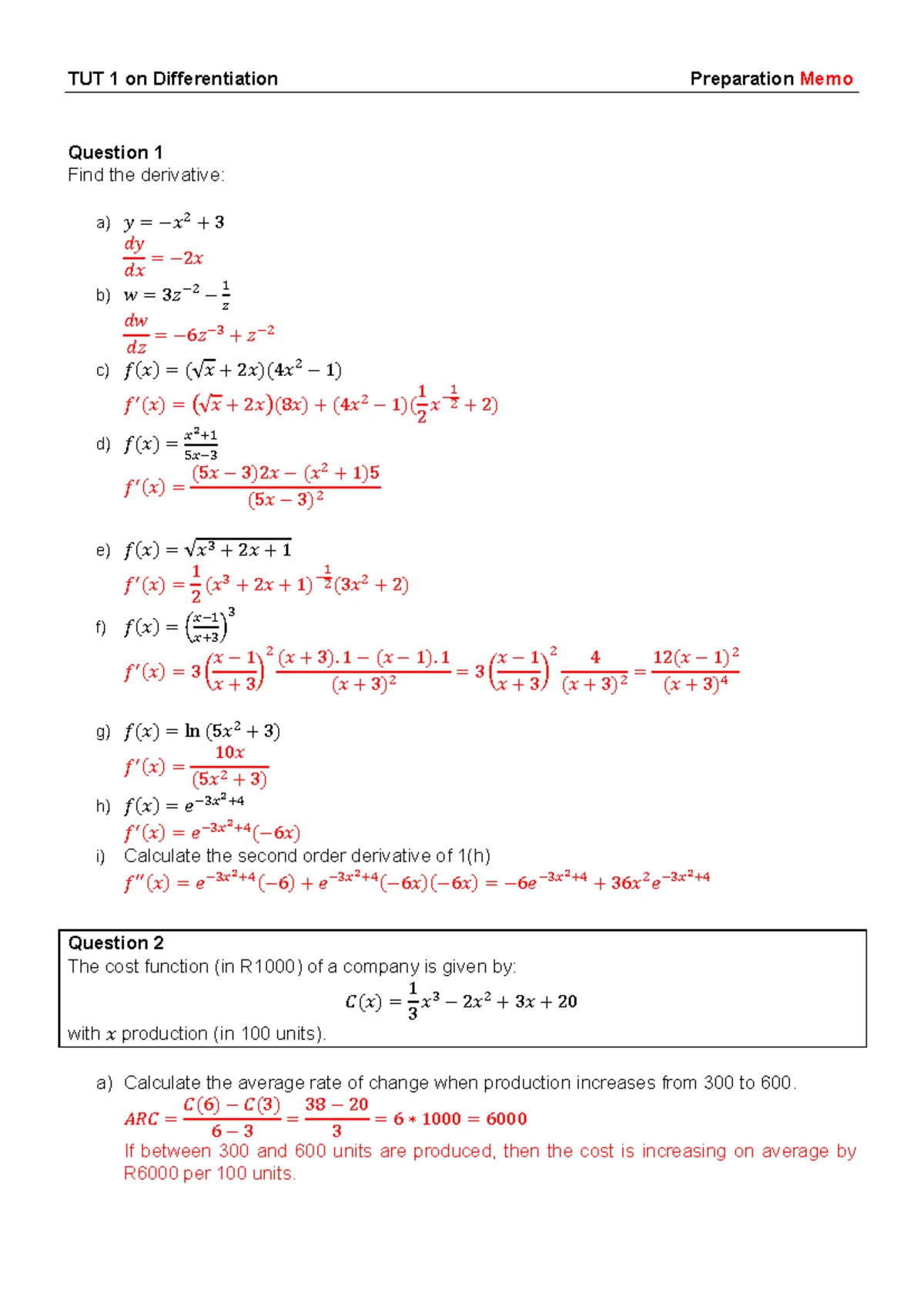 STK110 MATH Tutorial 1 & 3: Differentiation and Integration Questions ...