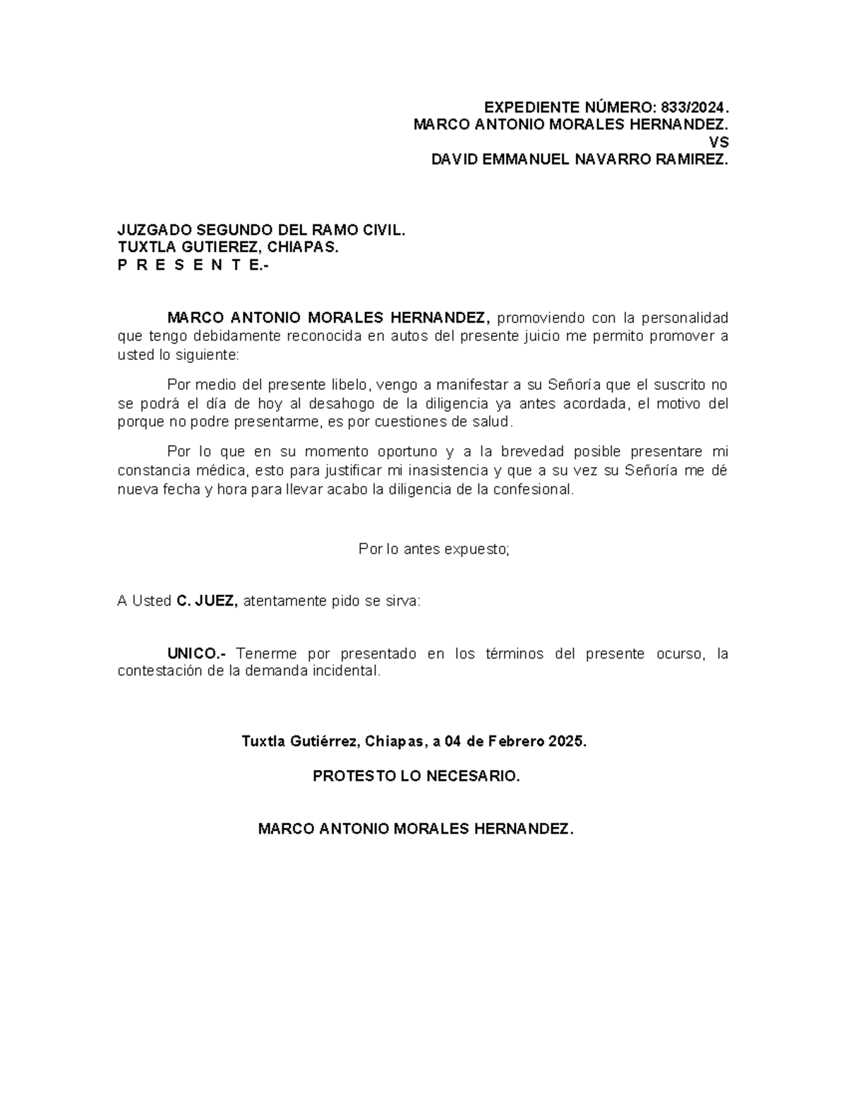 833-24 Justificando Inasistencia - EXPEDIENTE NÚMERO: 833/2024. MARCO ...