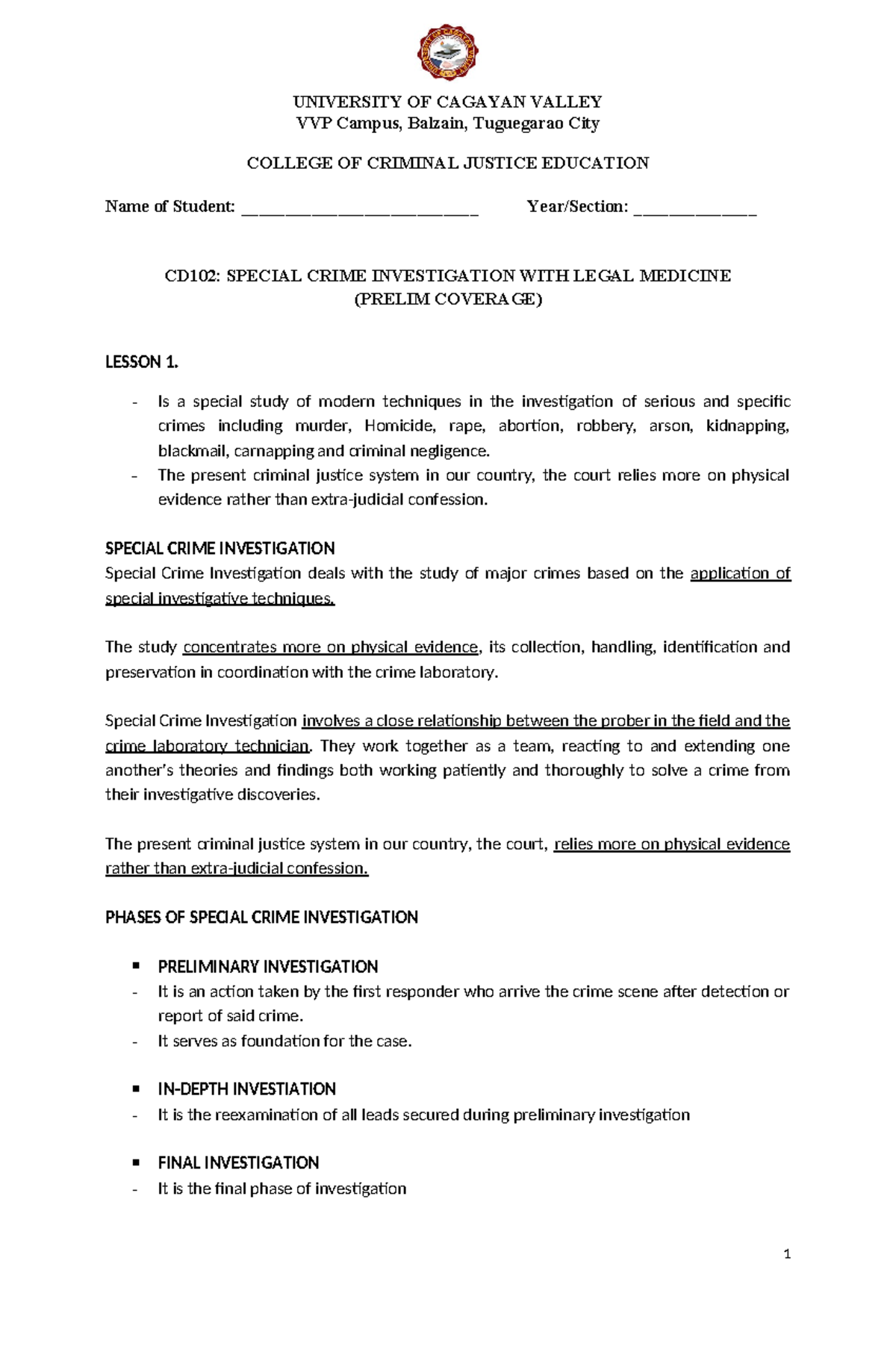 CDI-102: Special Crime Investigation - Prelim Lesson 1 Notes - Studocu