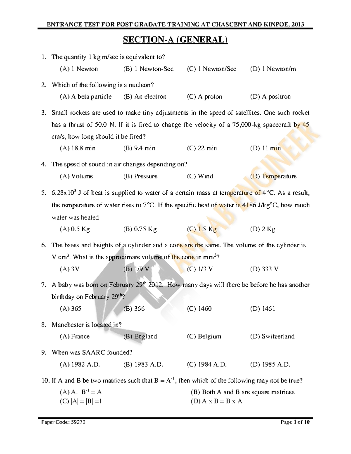 Pieas MS Electrical Power Entrance Test 2013 - Paper Code: 59273 - Studocu
