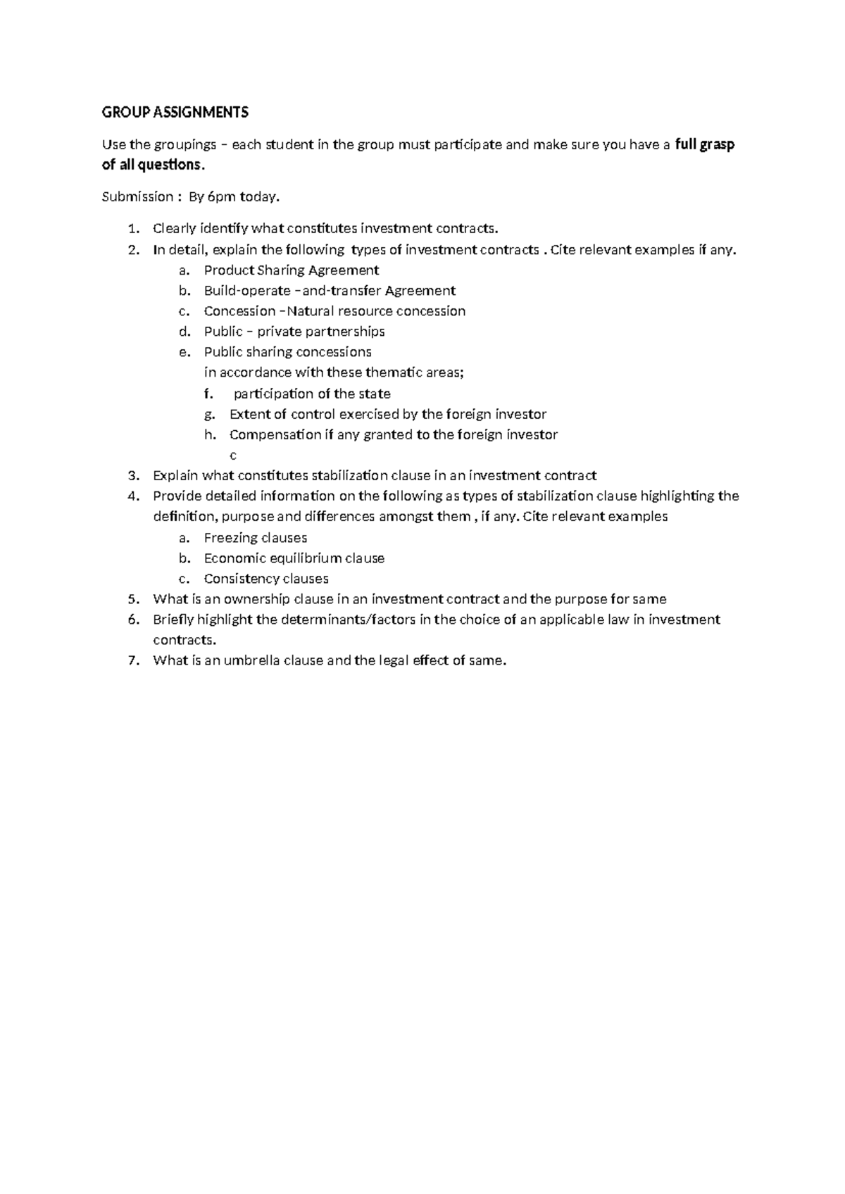 GROUP ASSIGNMENT: Investment Contracts & Stabilization Clauses Analysis ...