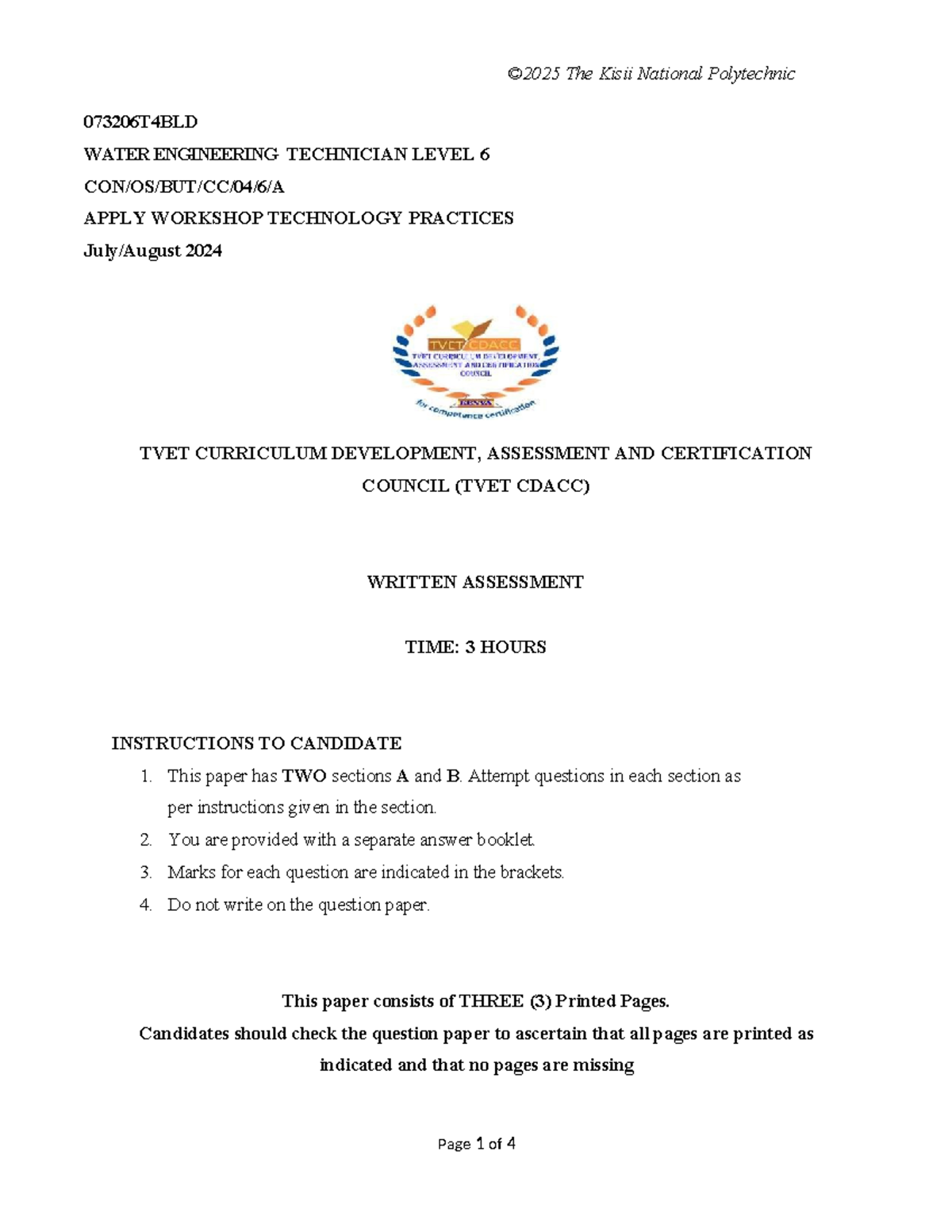 WTECH 073206T4BLD Water Engineering Technician Level 6 Workshop ...