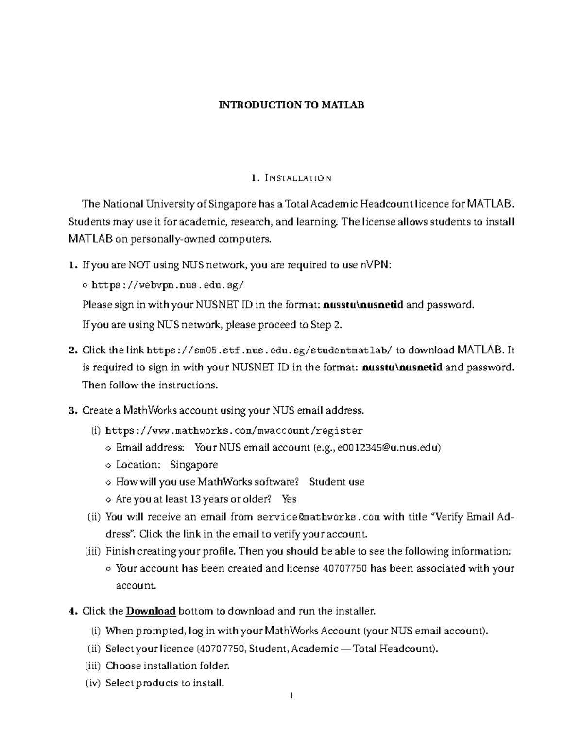 MATLAB Installation and Basic Operations Guide (NUS CS1010s) - Studocu