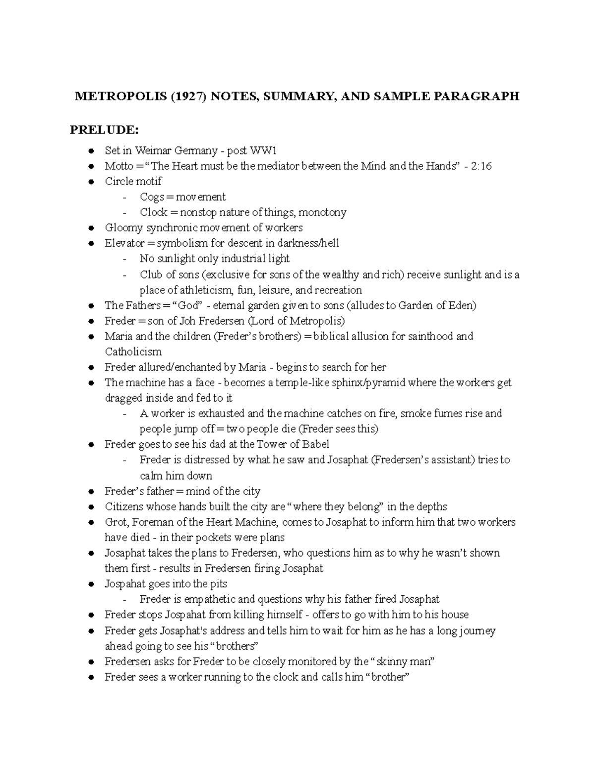 New 2025 Metropolis (1927) Notes, Summary, and Sample Paragraph - Studocu