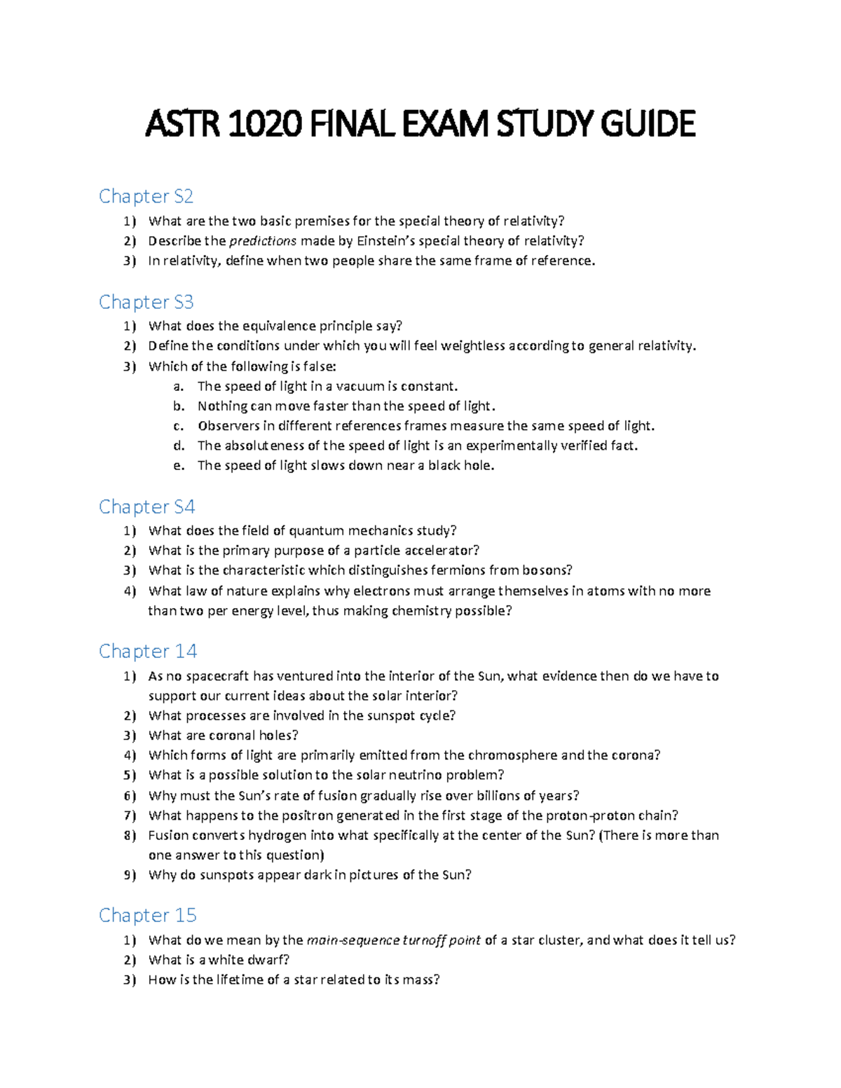ASTR 1020 FINAL EXAM STUDY GUIDE: Key Concepts & Questions - Studocu
