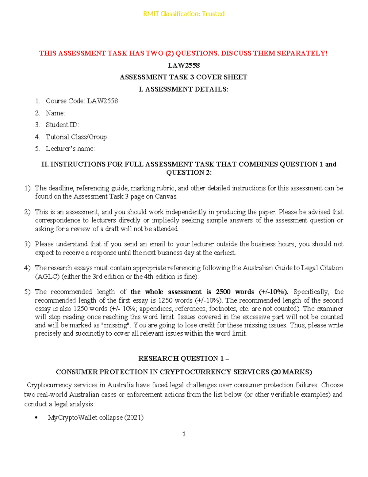 LAW2558 Assessment Task 3: Legal Analysis on Consumer Protection ...