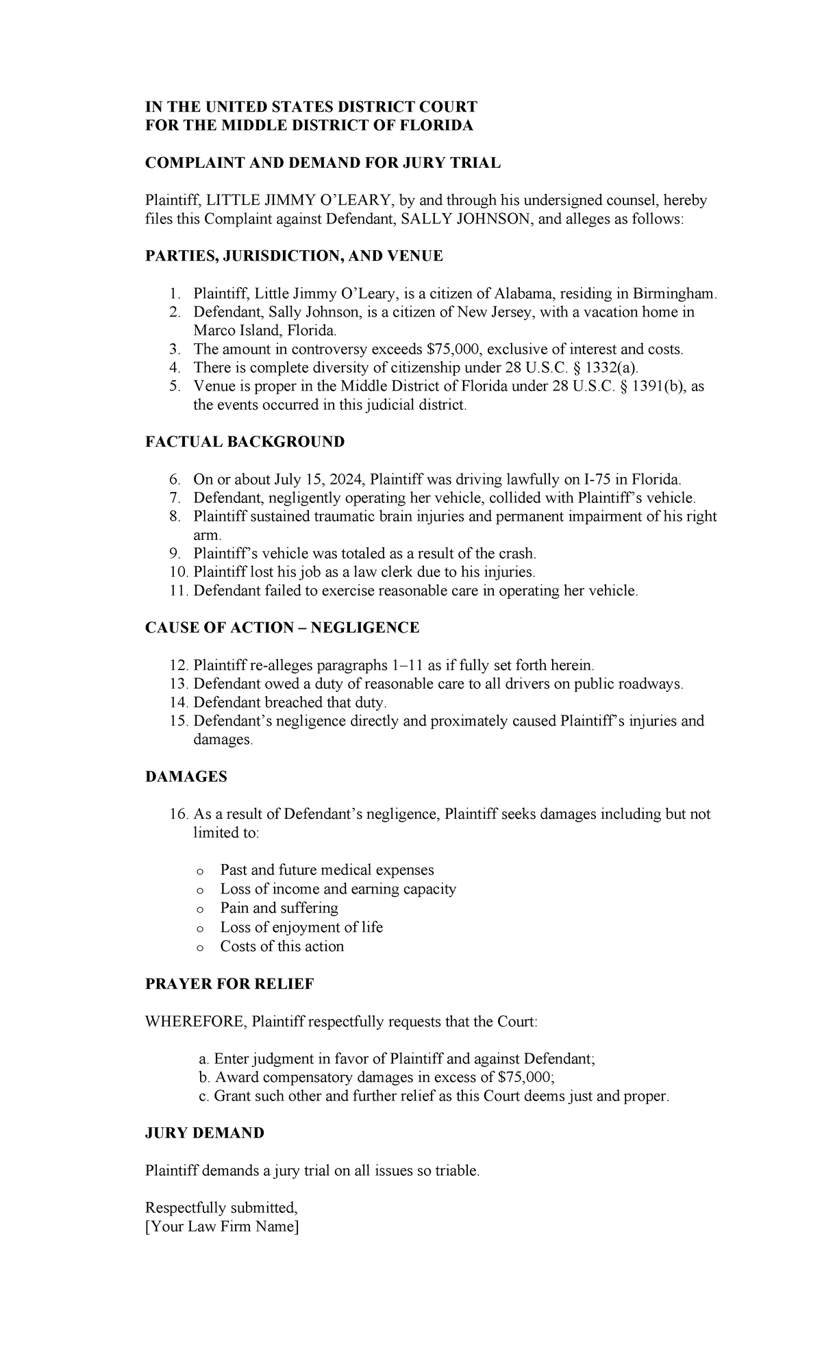 Complaint and Demand for Jury Trial - Little Jimmy v. Sally Johnson ...