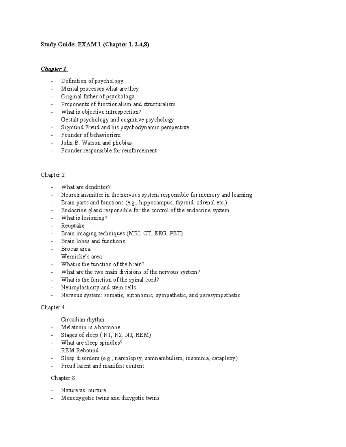 Psychology Study Guide: Exam 1 (Chapters 1, 2, 4, 8) - Studocu