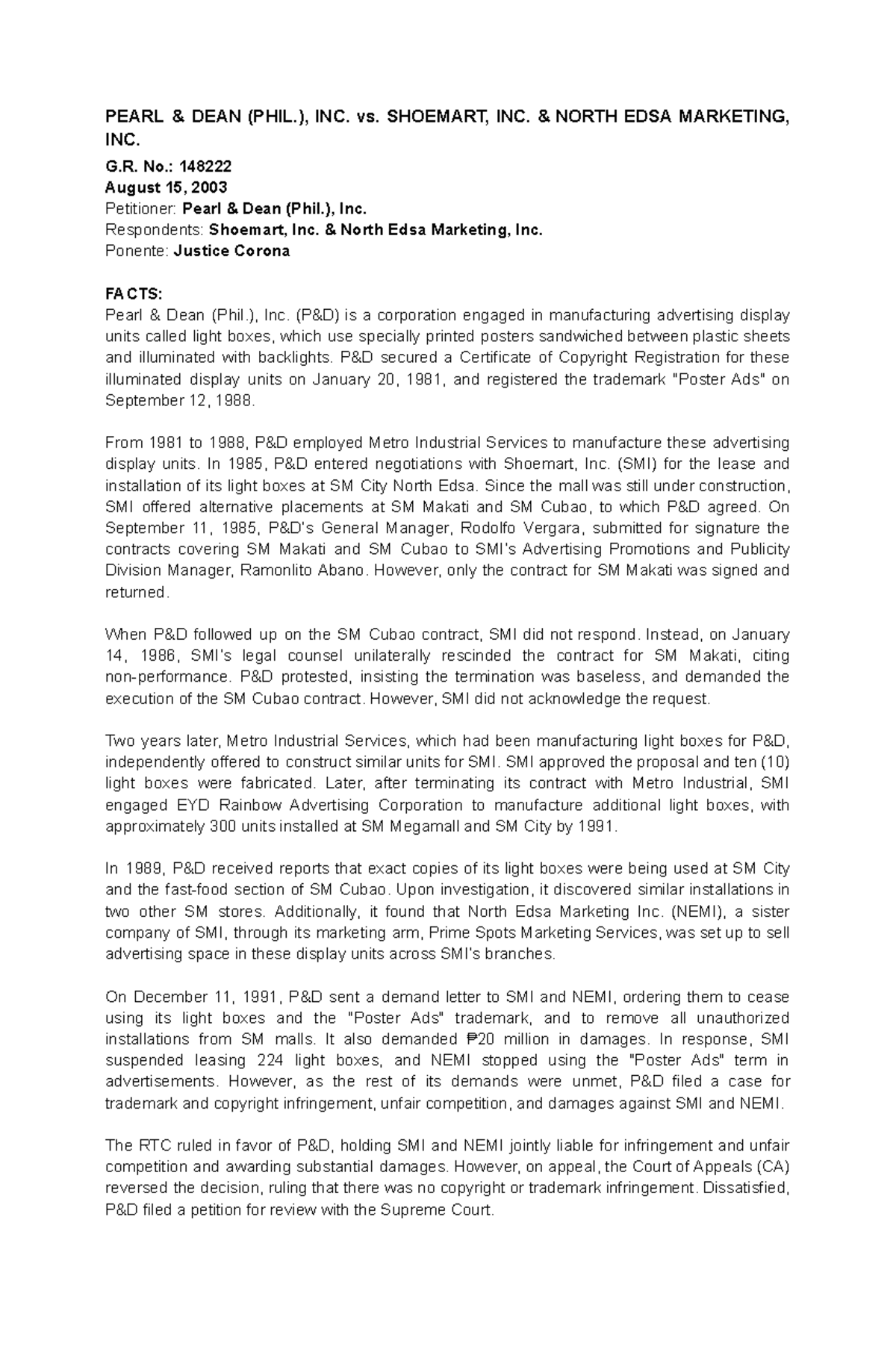 Pearl & DEAN (PHIL.), INC. vs. Shoemart, INC. & North EDSA Marketing ...